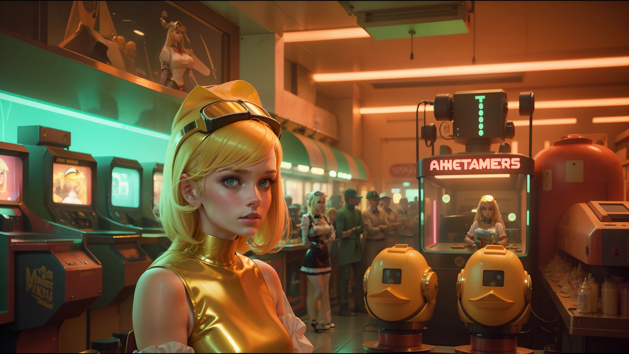 blond woman in a gold dress standing in front of a row of arcade machines, greig fraser cinematography, melanie martinez, robot duck concept portrait, ( waitress ) girl, green visor, pulp noir, greg hildebrant --auto --s2