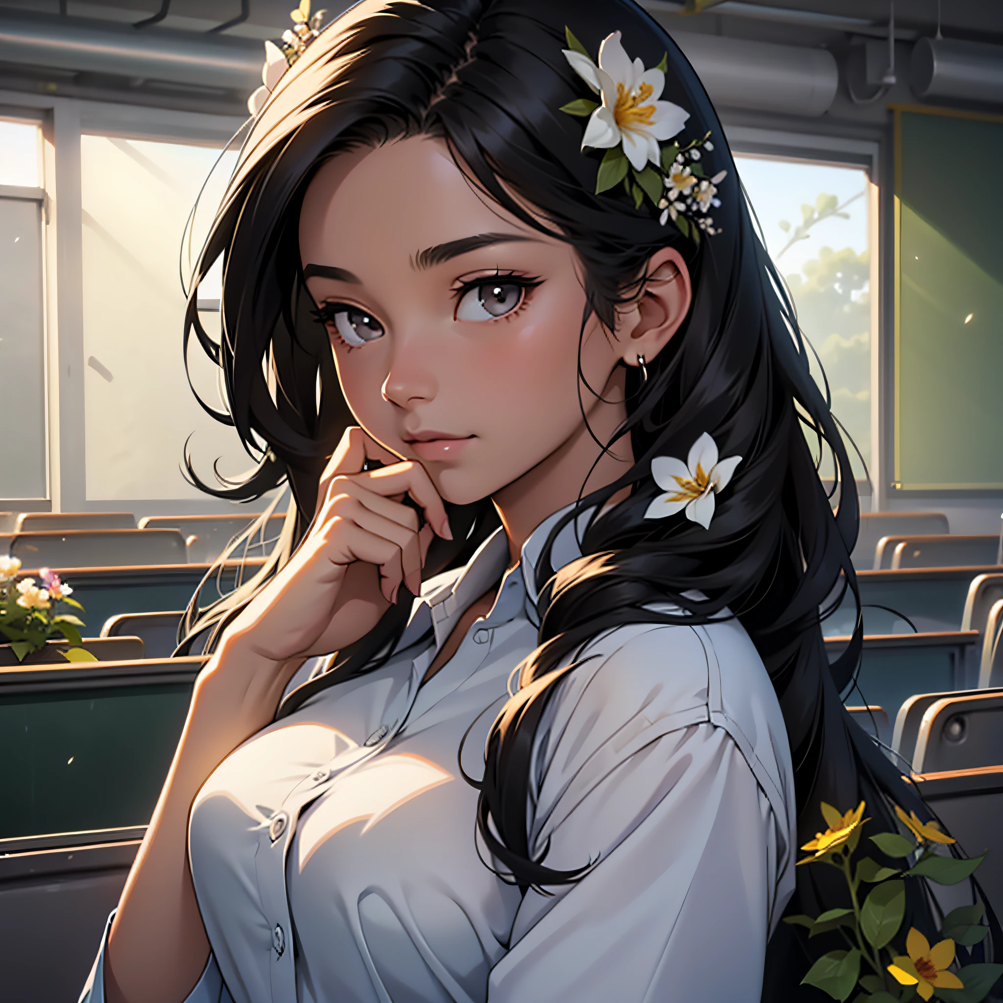 A woman, goddess, beautiful face, long black hair, classroom, sweet, school flower, gentle, best picture quality, masterpiece, upper body close-up