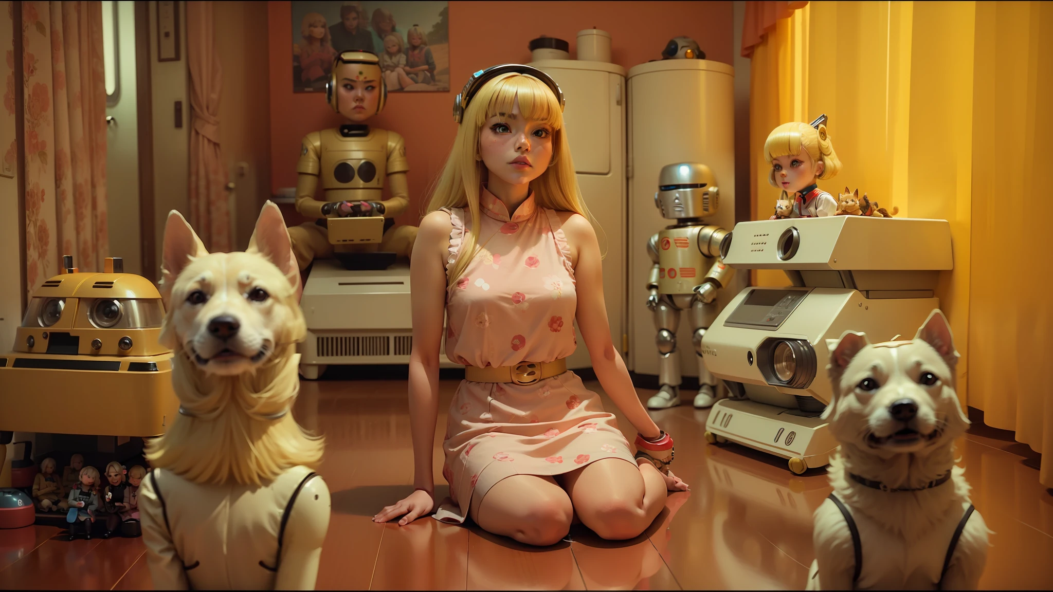 blond woman sitting on the floor with three dogs in front of her, yoshimi versus the evil robots, shot on anamorphic lenses, style of angela deane, 6 0 s colour palette, several dolls in one photo, a young asian woman, thunderbirds, jukebox, automaton, 2 0 1 0 s --auto --s2