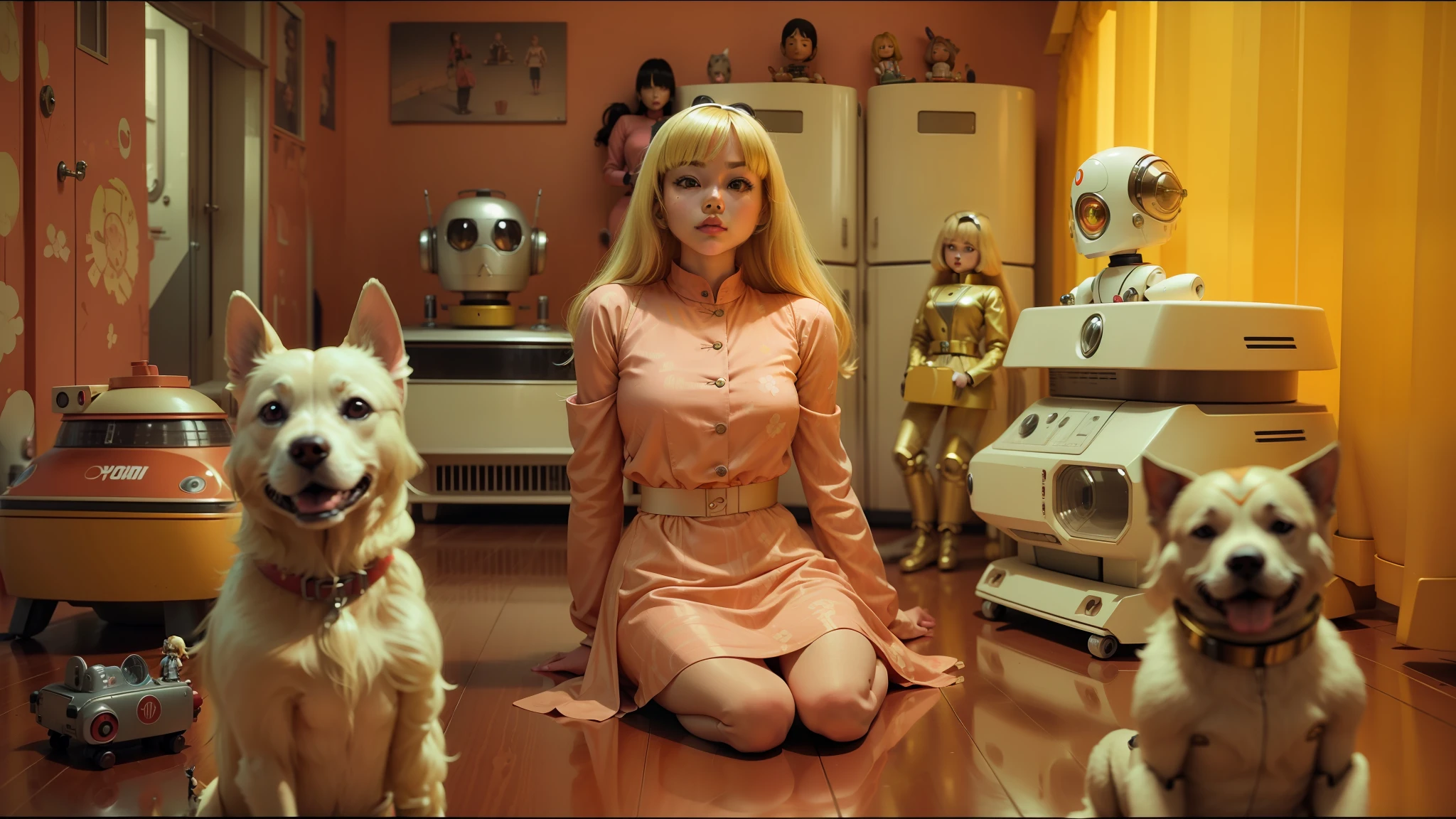blond woman sitting on the floor with three dogs in front of her, yoshimi versus the evil robots, shot on anamorphic lenses, style of angela deane, 6 0 s colour palette, several dolls in one photo, a young asian woman, thunderbirds, jukebox, automaton, 2 0 1 0 s --auto --s2