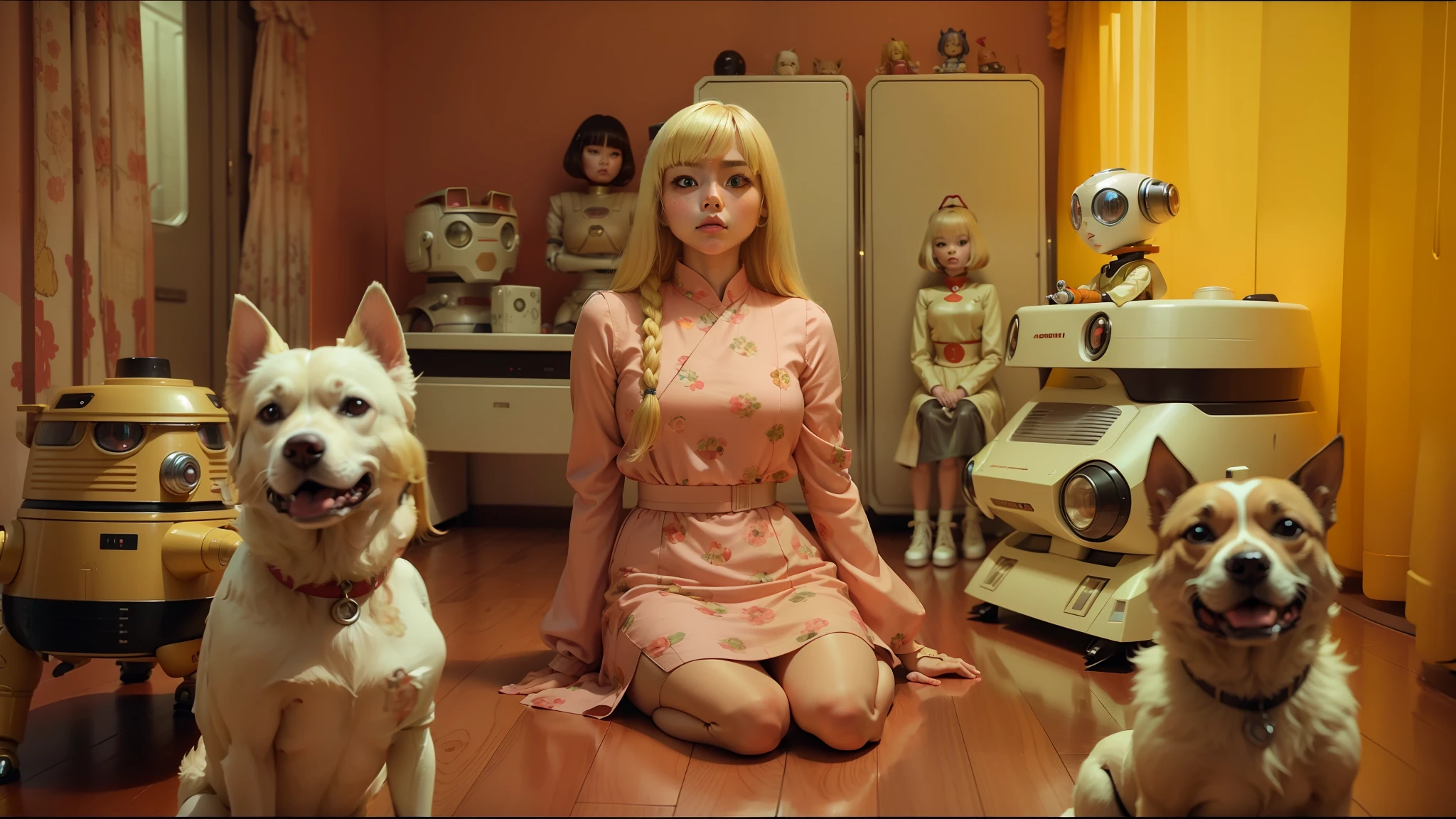 blond woman sitting on the floor with three dogs in front of her, yoshimi versus the evil robots, shot on anamorphic lenses, style of angela deane, 6 0 s colour palette, several dolls in one photo, a young asian woman, thunderbirds, jukebox, automaton, 2 0 1 0 s --auto --s2