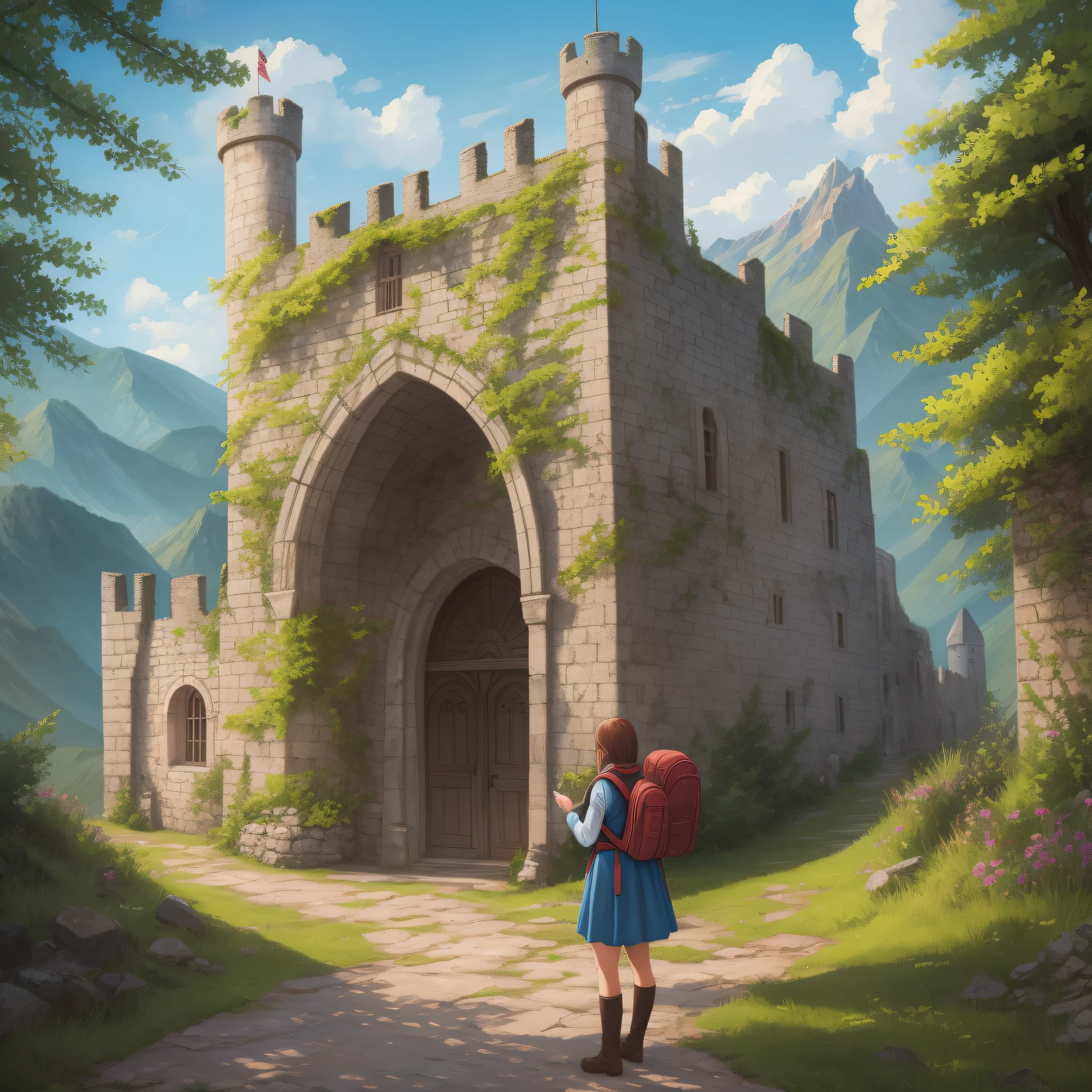 young woman, standing at the entrance of the old castle, looking up while holding her backpack, abandoned castle, mountains, comic, comic