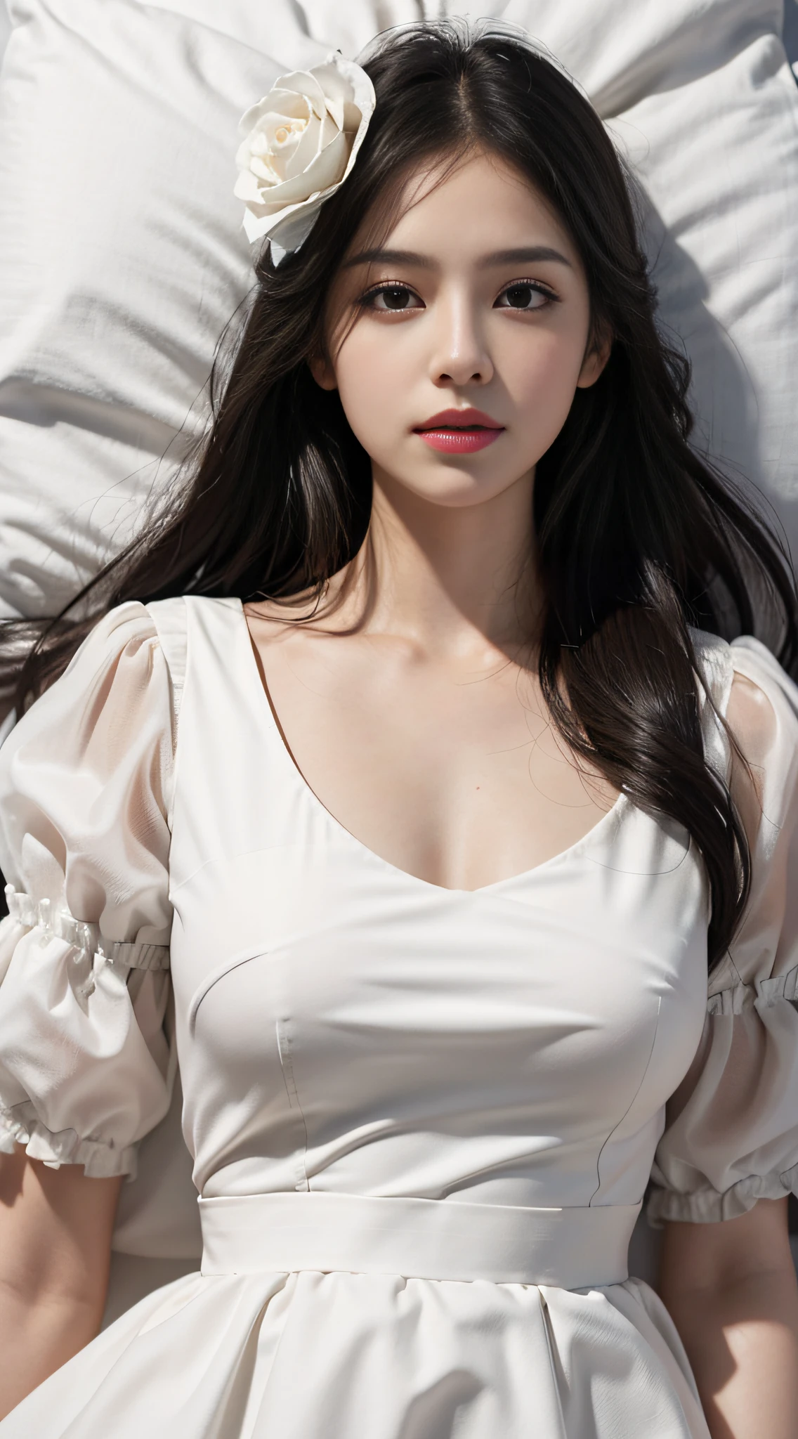 1girl, solo, dress, white dress, flower, looking at viewer, long hair, black hair, lips, rose, realistic, lying, brown eyes, on back, puffy sleeves, white flower, short sleeves, white rose, red lips, closed mouth, red flower
