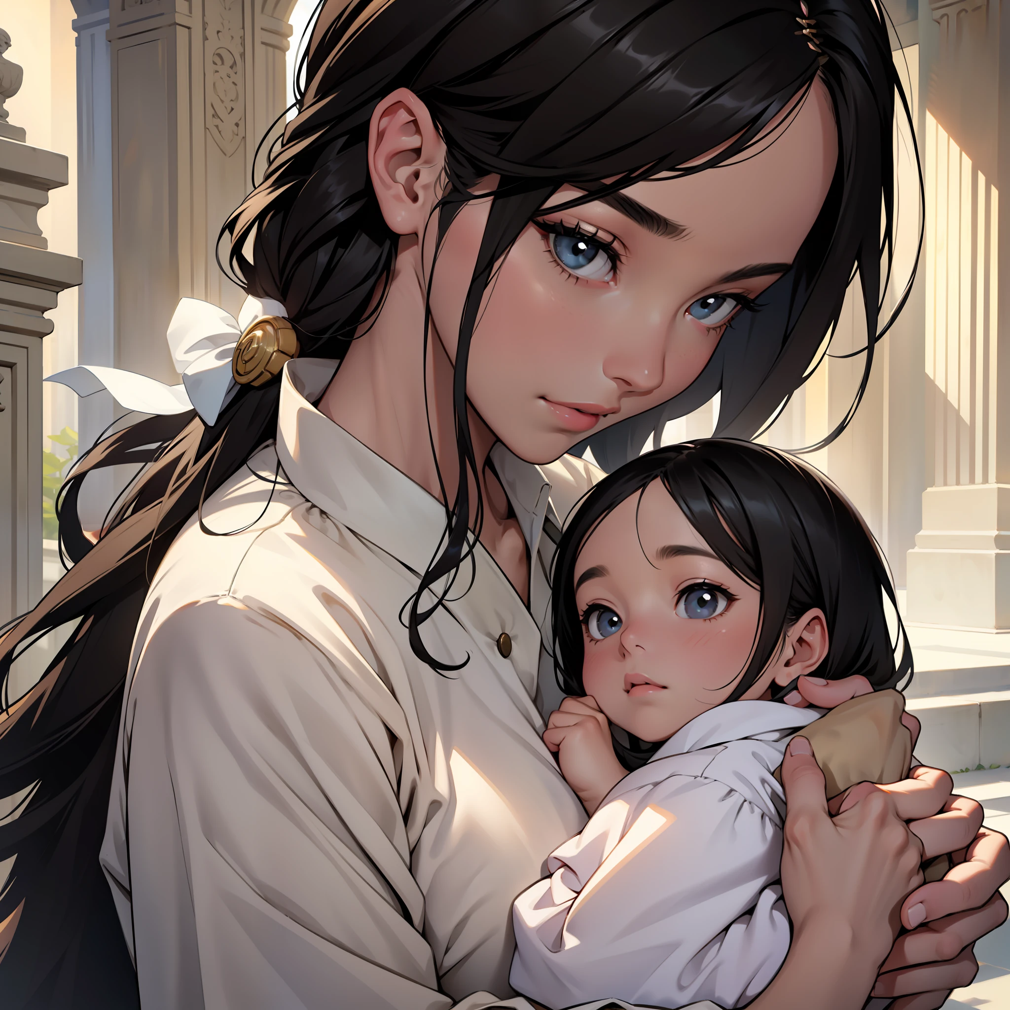 A woman, goddess, beautiful face, long black hair, holding a baby girl in her hand, gentle, best picture quality, masterpiece, close-up of upper body