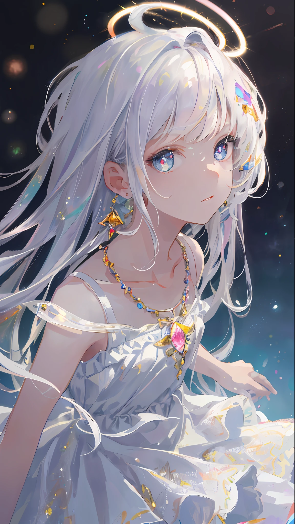 Masterpiece, Superb Illustrations, Rainbow Hair, Platinum Earrings, Platinum Necklace, White Dress, 1girl, Cute, (Dynamic Light: 1.2), Cinematic Light, Delicate Facial Features, Detailed Eyes, Sharp Pupils, Realistic Pupils, Depth of Field, Background Bokeh, Clear Focus, (Ultra Detailed, Halo, Glow: 1.4), Many Small Gems