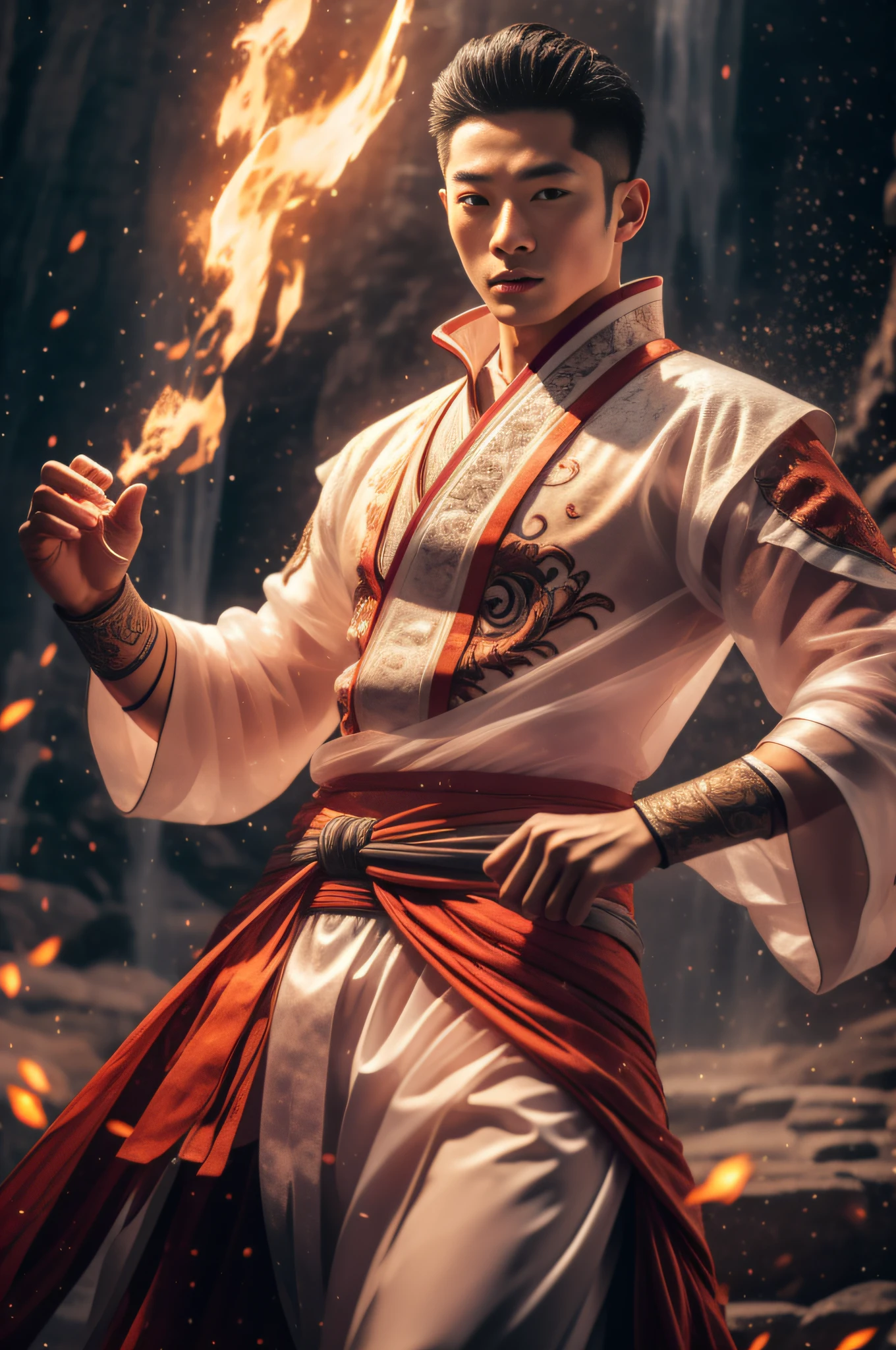 Handsome guy, 25 years old, Asian, master work, best picture quality, higher quality, high detail, super high resolution, 8k resolution, delicate facial features, boy, big muscles, tattoos, glowing eyes, short hair, hair details, [[Look away, look to the side, emphasize homosexuality and pay attention to every detail , open Hanfu transparent tulle jacket, white rubber pants, night, starry sky, flying flowers. Waterfalls, mountains, circling dragons, Chinese courtyard background ((((crotch bulge))))), flame, fire spells, fire fighting, Chinese kung fu