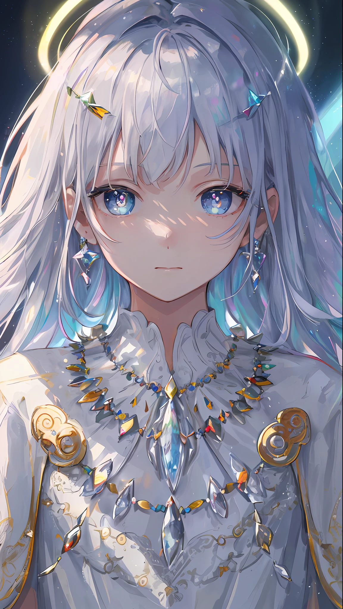 Masterpiece, Superb Illustrations, Rainbow Hair, Platinum Earrings, Platinum Necklace, White Dress, 1girl, Cute, (Dynamic Light: 1.2), Cinematic Light, Delicate Facial Features, Detailed Eyes, Sharp Pupils, Realistic Pupils, Depth of Field, Background Bokeh, Clear Focus, (Ultra Detailed, Halo, Glow: 1.4), Many Small Gems
