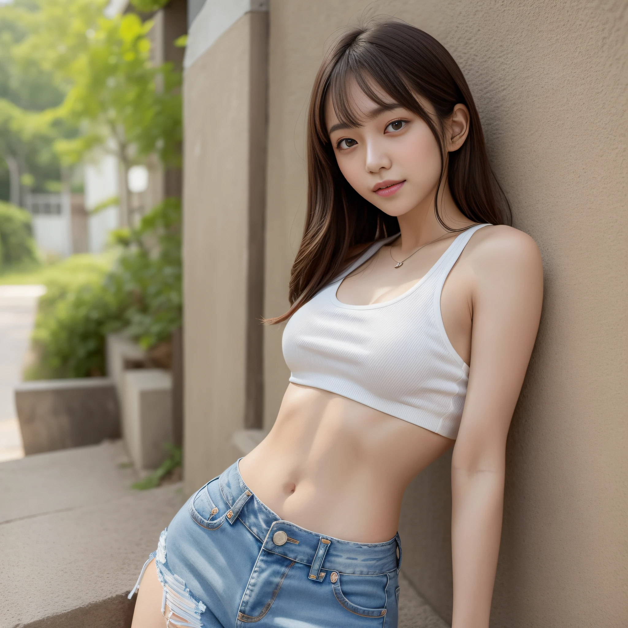 Araf woman in white tank top and denim shorts posing for photo, Sakura Miyawaki, slim girl model photo, Japan female fashion model, female model, fashion model, thin waist, Larisa Manoval, standing figure, LE SSERAFIM, front, sand, smile, Kim Chae Won,