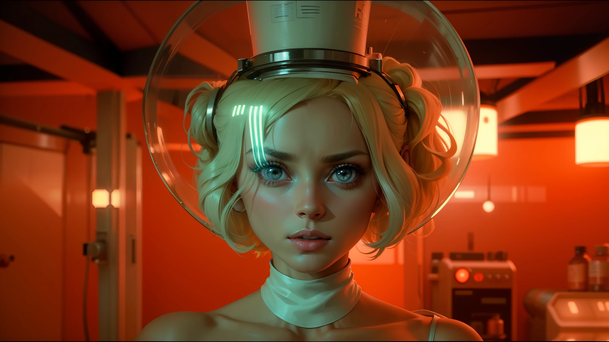 a close up of a woman with a hair dryer on her head, still from the movie, neon city domes, by François Quesnel, abbey lee kershaw as emma frost, clockwork orange, inside of a 1970s science lab, luminous cockpit, design milk, nurse costume, samara weaving, constructivism, very large eyes. symmetry --auto --s2