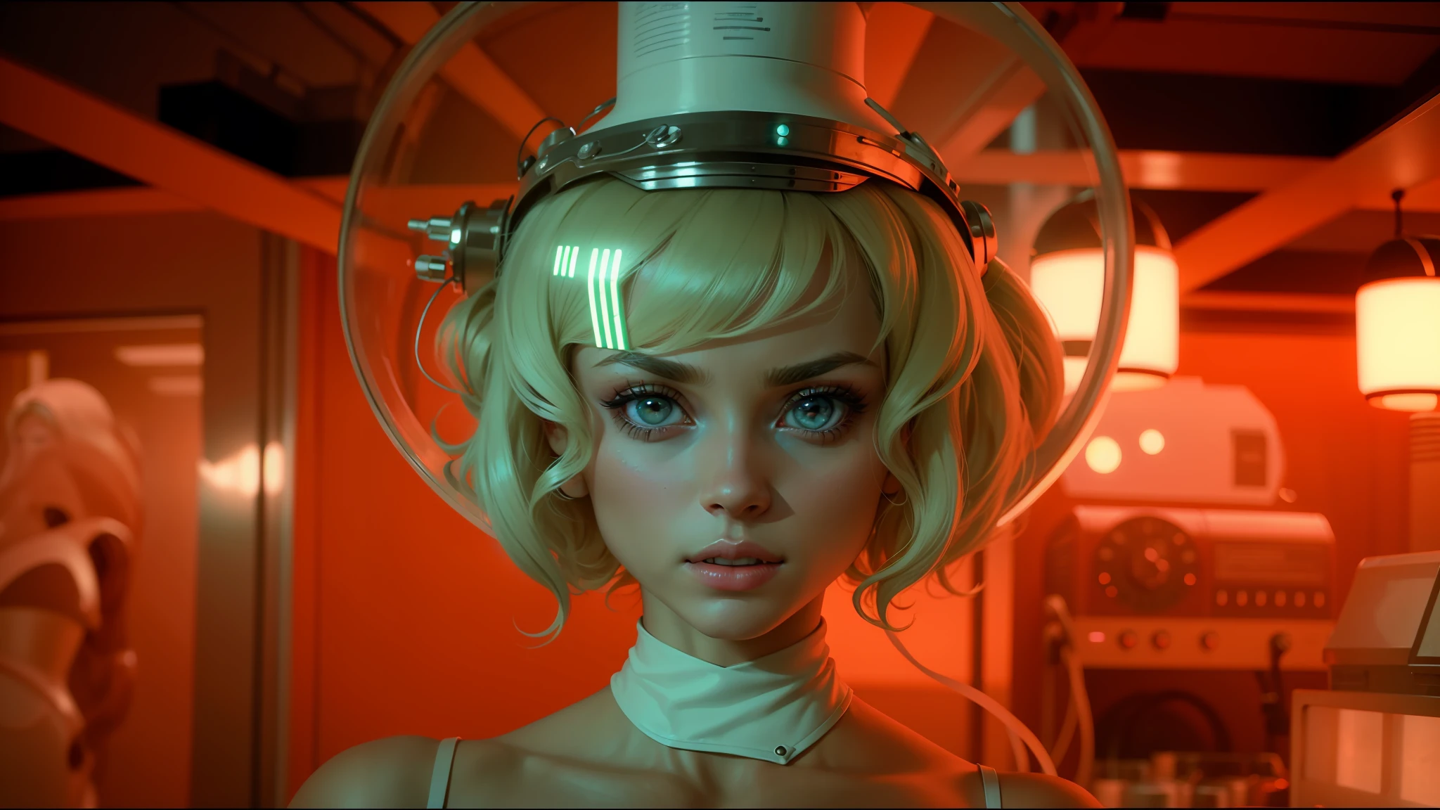 a close up of a woman with a hair dryer on her head, still from the movie, neon city domes, by François Quesnel, abbey lee kershaw as emma frost, clockwork orange, inside of a 1970s science lab, luminous cockpit, design milk, nurse costume, samara weaving, constructivism, very large eyes. symmetry --auto --s2