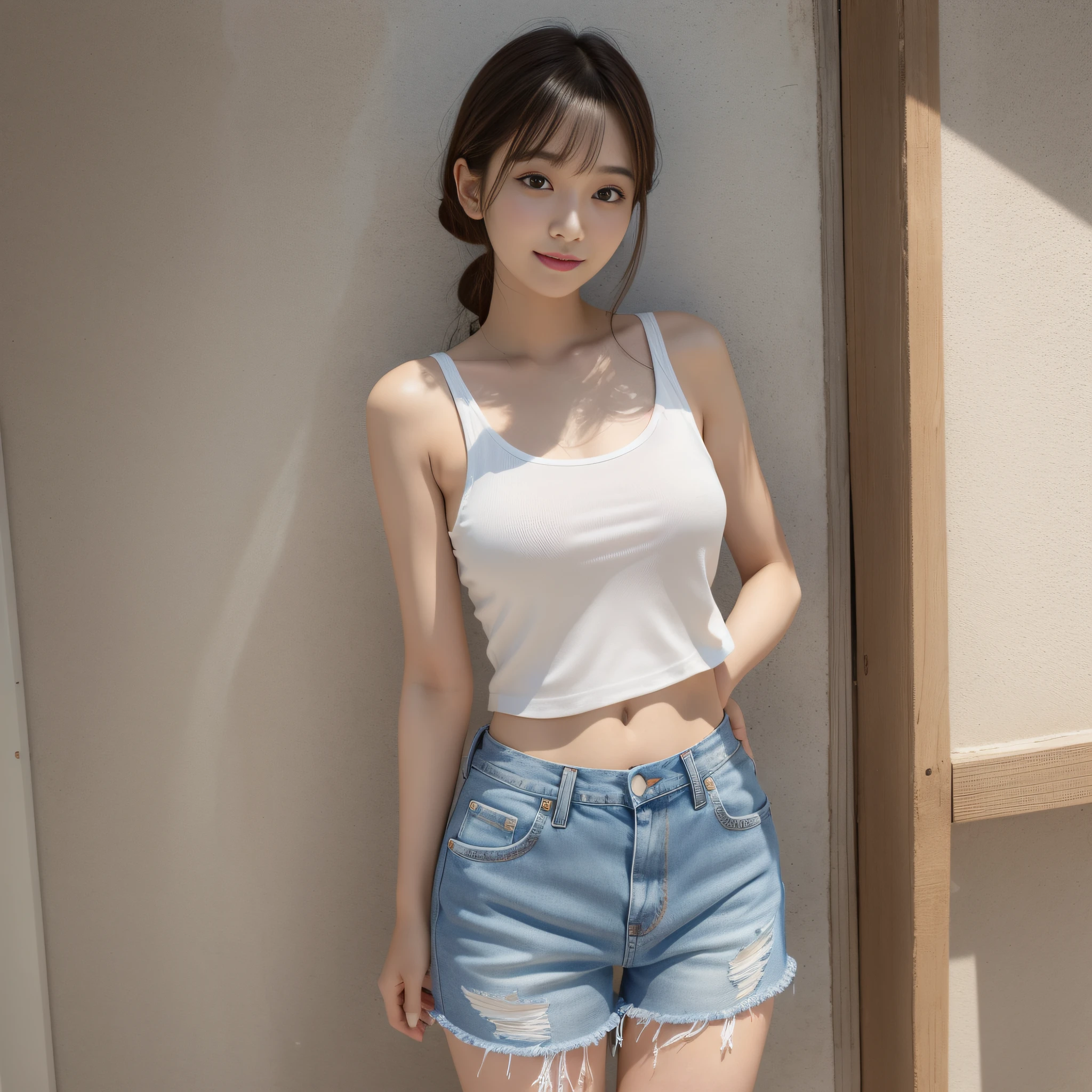 Araf woman in white tank top and denim shorts posing for photo, Sakura Miyawaki, slim girl model photo, Japan female fashion model, female model, fashion model, thin waist, Larisa Manoval, standing figure, LE SSERAFIM, front, sand, smile, Kim Chae Won,