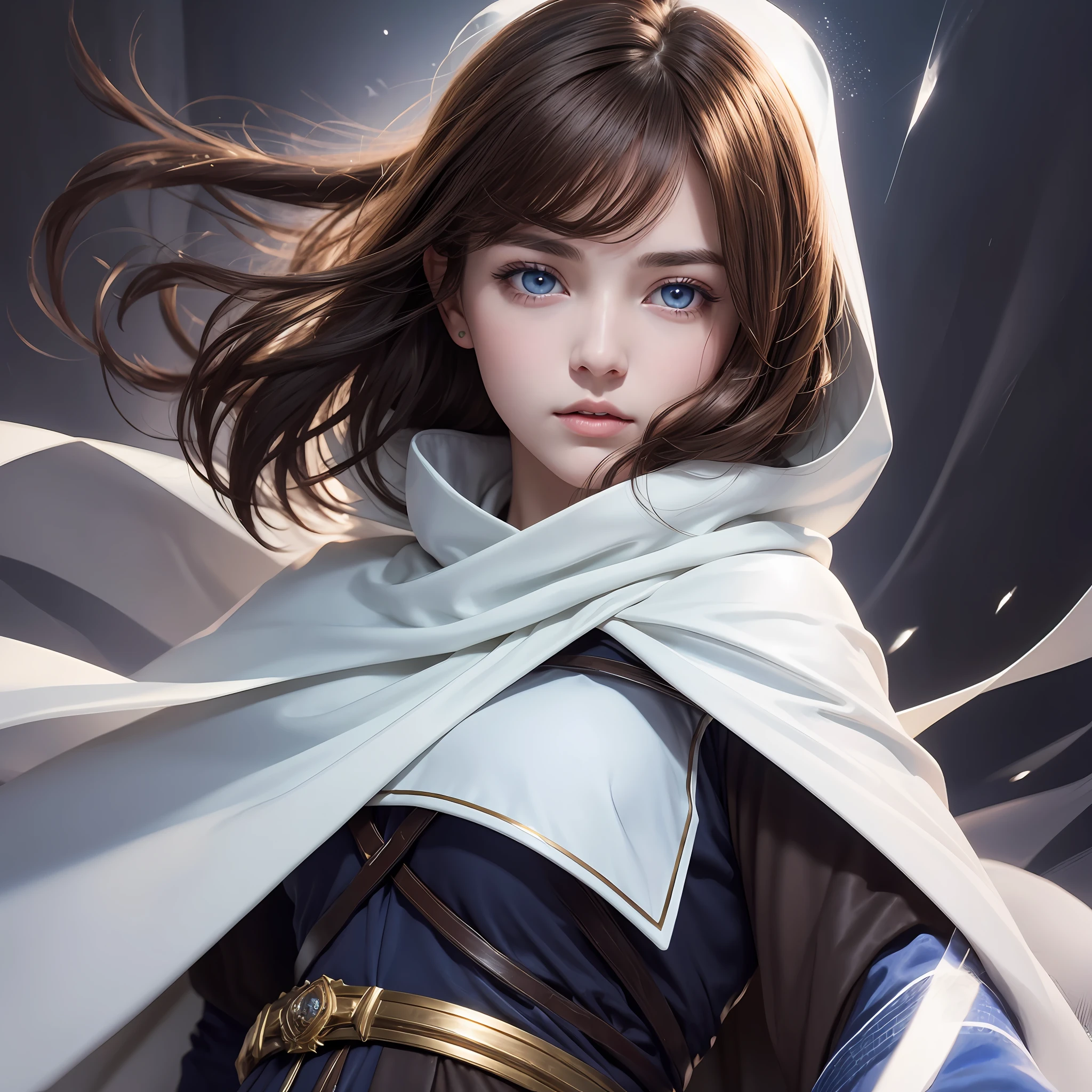 Brown haired woman with dark blue eyes, dark circles under her eyes, wearing a white cape --auto --s2