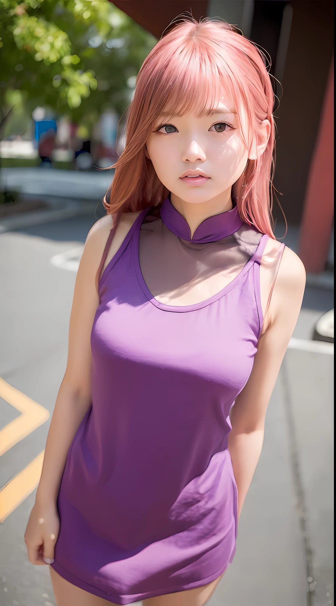 (yinchuan:1.5), close-up, masterpiece, best quality, raw photo, photorealistic, F cup, big, beautiful face, soft smile, 20 year old girl, cute, pink tank top, skirt, beautiful long legs, standing figure, middle hair, depth of field, high resolution, ultra detail, fine detail, very detailed, very detailed eyes and face, sharp pupils, realistic pupils,