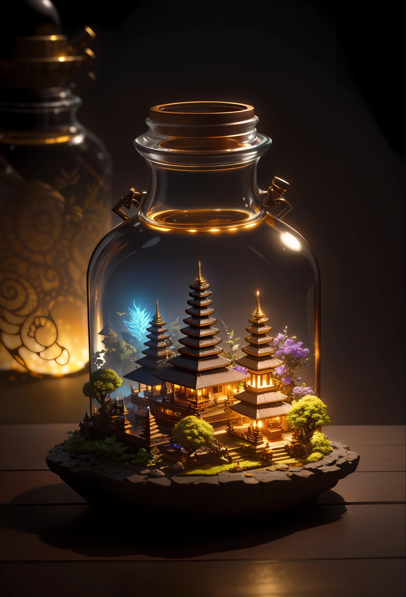 (An intricate Bali minitown landscape trapped in a bottle), atmospheric oliva lighting, on the table, 4k UHD, dark vibes, hyper detailed, vibrant colours, epic composition, octane render, sharp focus, high resolution isometric