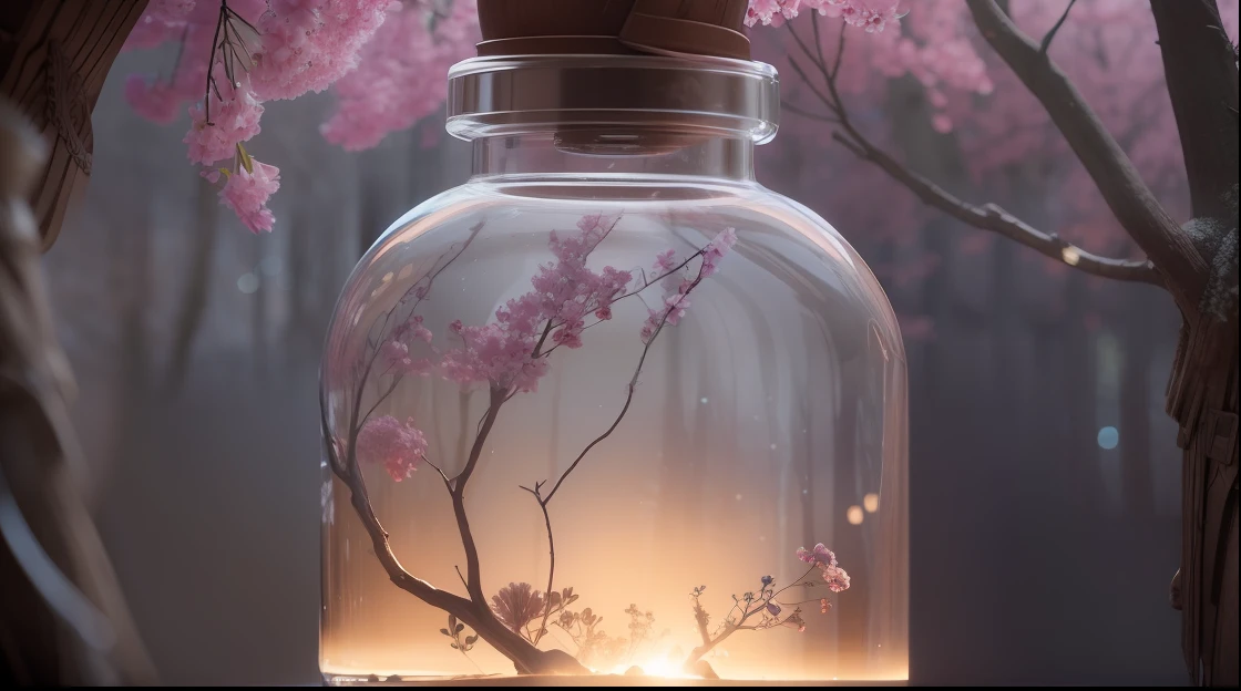 A dreamy tree of art in a bottle, fluffy, realistic, photographs, Canon, dreamy, artistic, brilliant leaves and branches, with flowers above my head. Greg Rutkowski's Ultra Detailed Photo Realism - H1024W 804 | F16 Lens Markers 2:2S 3555mm Film Particles: 1 Lifelike High Resolution Sharp Focus Contrast!! Intricate and detailed atmospheric refractive lighting of Unreal Engine 5 movie concept photography masterpiece Octane renders trends on CGSociety