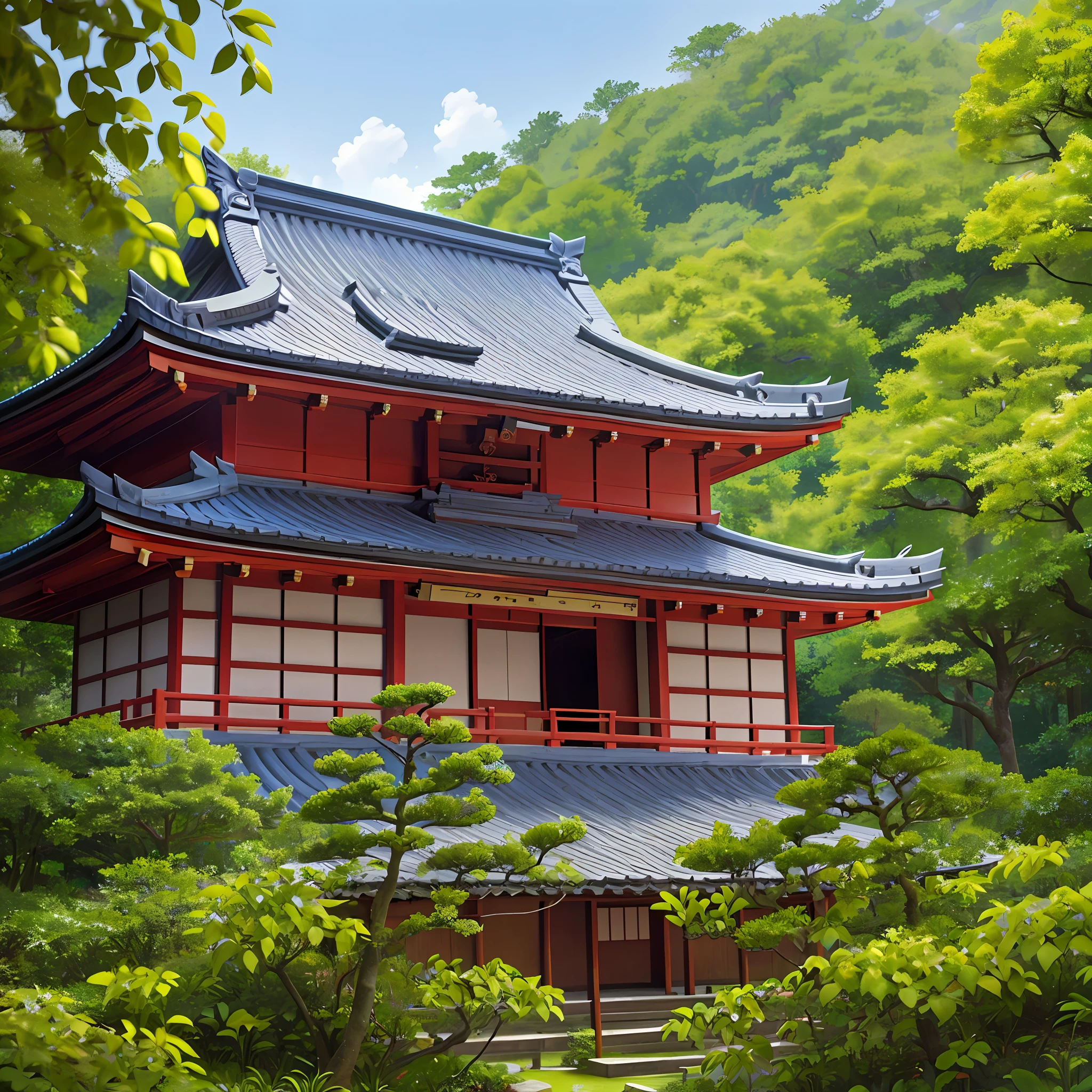 (en) An awe-inspiring Japanese temple majestically standing amidst lush forest greenery, with a serene yet magnificent ambiance, evoking a sense of spiritual tranquility.