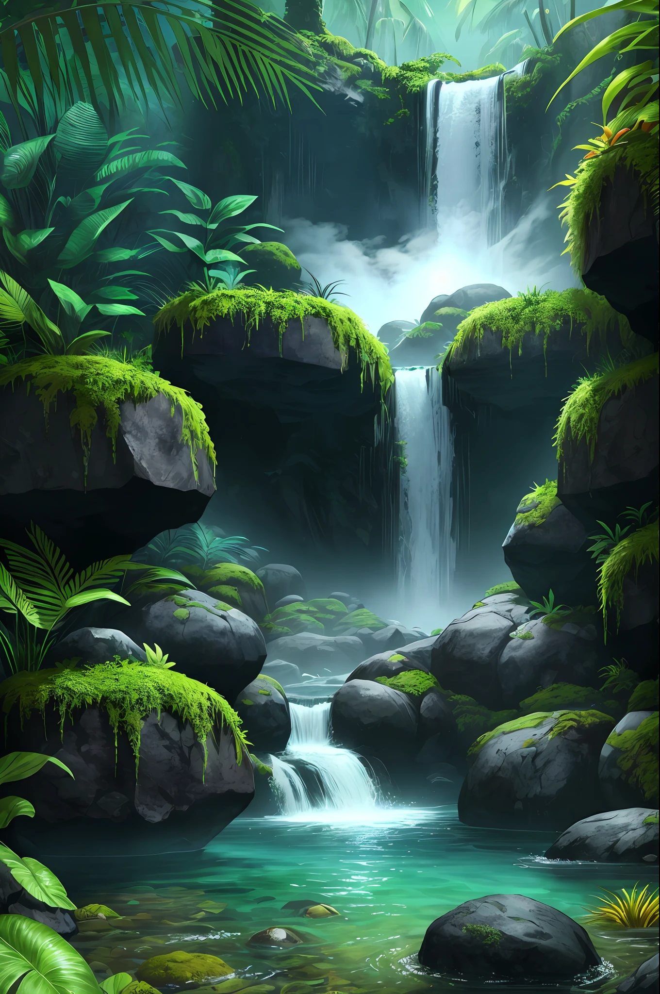 sunny tropical jungle vivid colors asymmetrical waterfall into shallow pool rough chiseled large moss covered boulders (colorful plants:1.2) volumetric fog high contrast
(masterpiece:1.2) (flat vector illustration:1.1) (best quality:1.2) (detailed) (intricate) (8k) (HDR) (wallpaper) (cinematic lighting) (sharp focus)