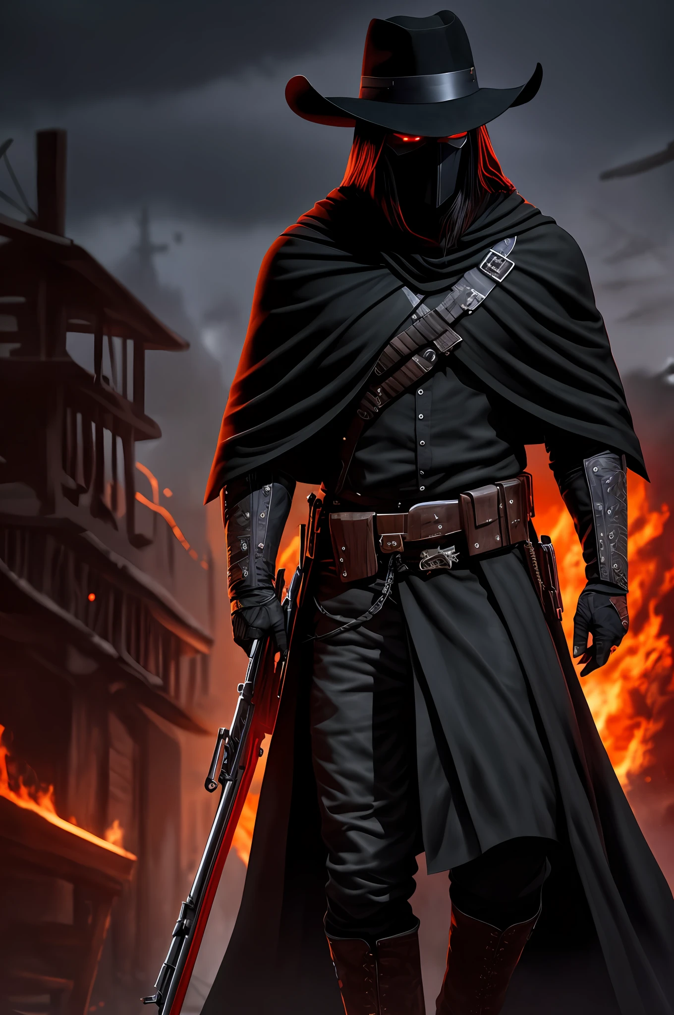 Cowboy, black cloak, black hat, black gang on, bounty hunter, rifle in hand, man gallows in the background, black mask, face not visible, red glowing eyes, gray skin, black shirt, black long hair