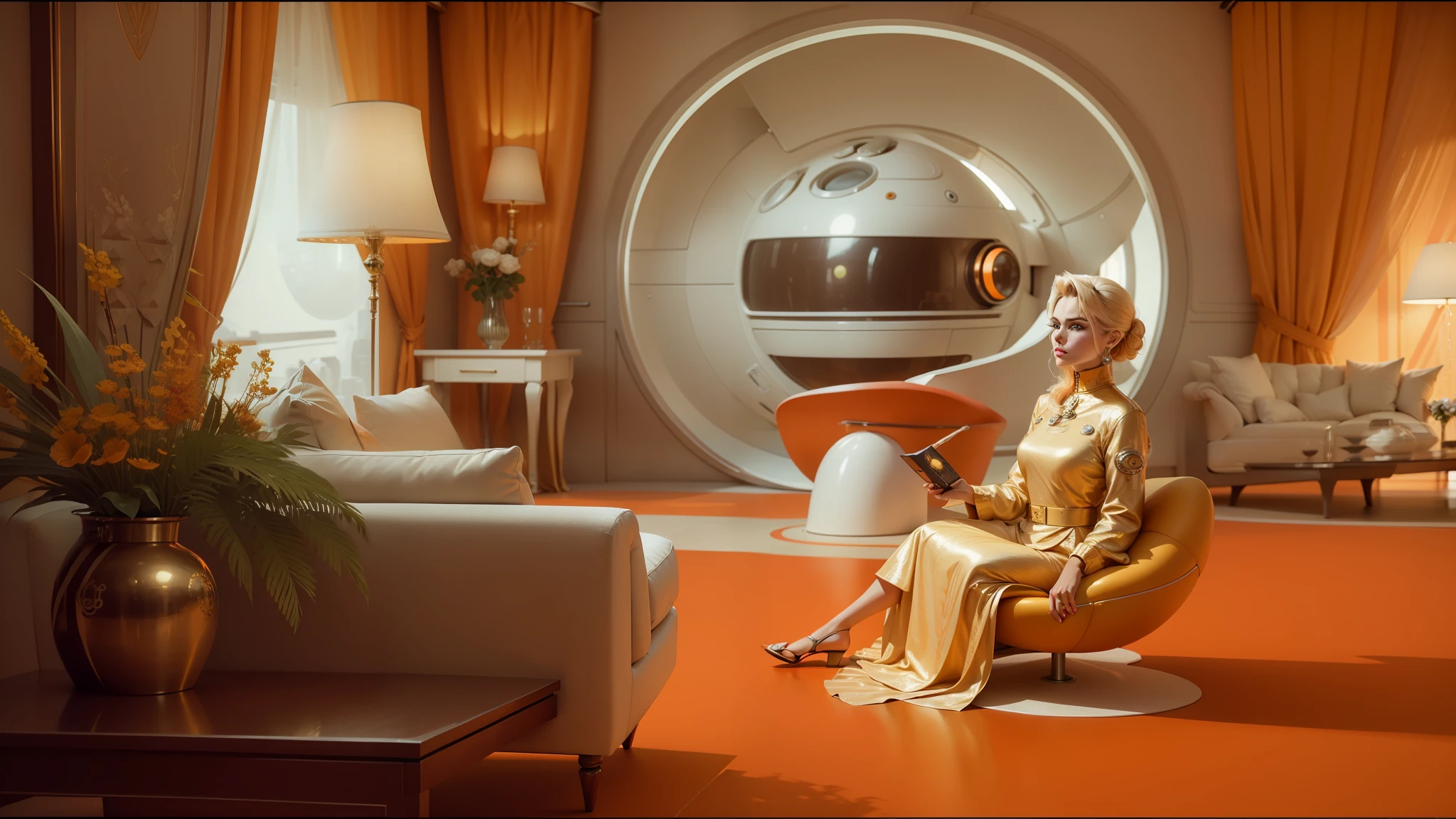 there is a woman sitting in a chair in a living room, shot on anamorphic lenses, retrofuturism, orange roof, golden age, a beautiful detailed orixa, platinum blond, inspired by Ivana Kobilca, by William Berra, dog in a space suite, old hollywood, 7 0 - s, venus --auto --s2