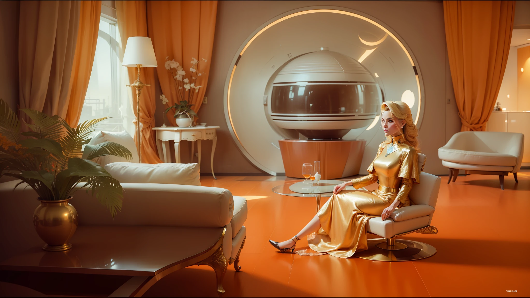 there is a woman sitting in a chair in a living room, shot on anamorphic lenses, retrofuturism, orange roof, golden age, a beautiful detailed orixa, platinum blond, inspired by Ivana Kobilca, by William Berra, dog in a space suite, old hollywood, 7 0 - s, venus --auto --s2