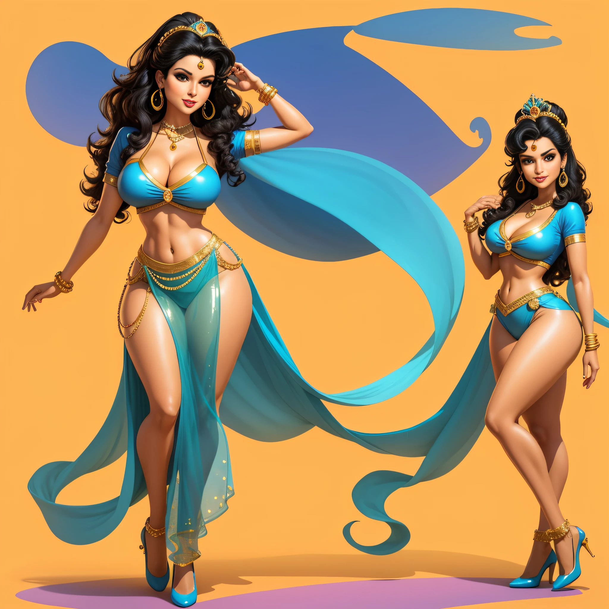 full body portrait, Princess Jasmine, 1980s \(style\), 1girl, Black hair, retro art style, wavy hair, solo, disney, unbutton_shirt, (natural_breasts:1.2), medium_breasts, cleavage, full body shot, detailed face, model pose, shoes visible, ass view, face view, multiple views