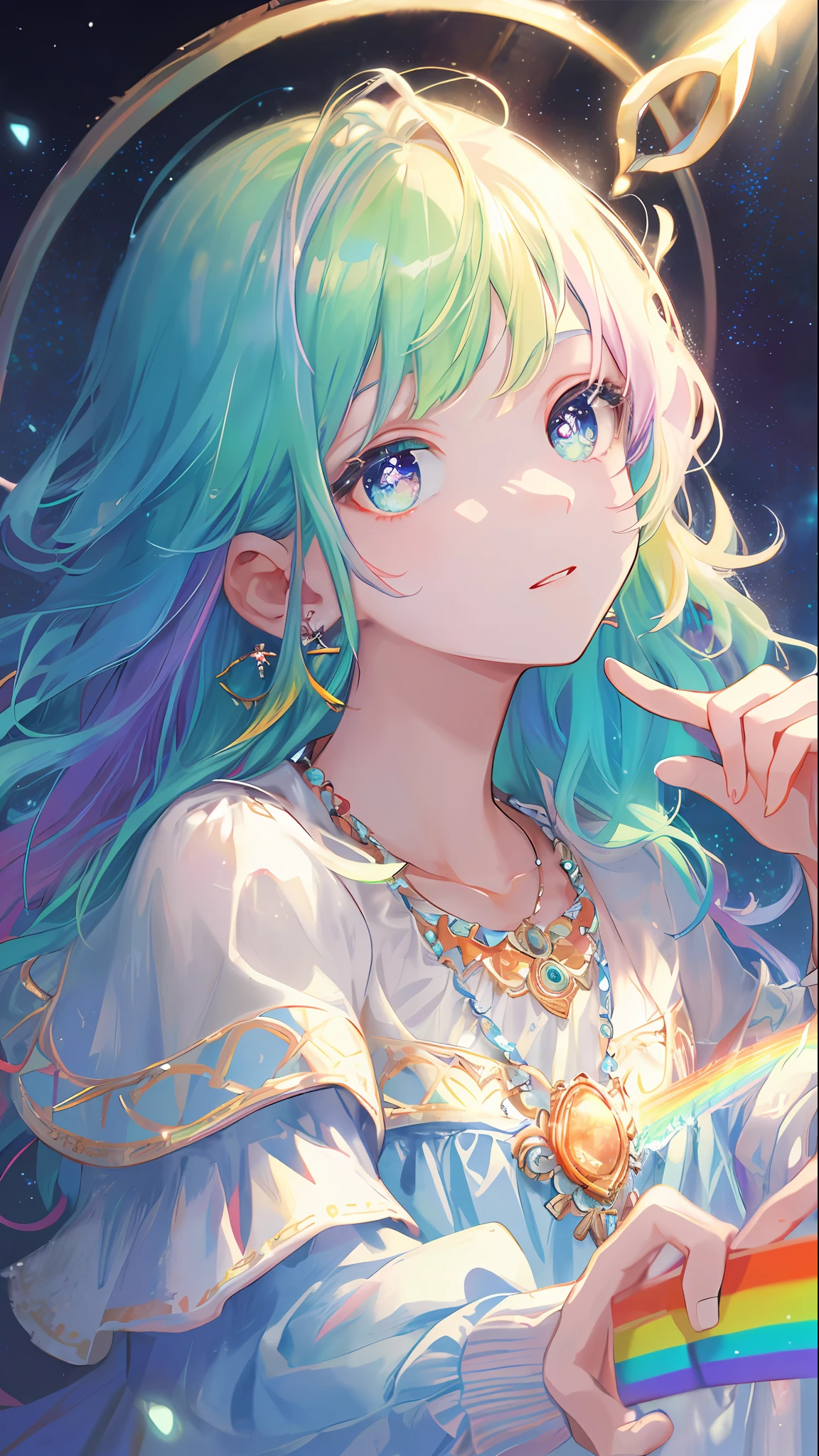 Masterpiece, Superb Illustration, (Rainbow Hair: 1.1), Earrings, Necklace, Dress, 1girl, Cute, (Dynamic Light: 1.2), Cinematic Light, Delicate Facial Features, Detailed Eyes, Sharp Pupils, Realistic Pupils, Background Bokeh, Clear Focus, (Ultra Detailed, Halo, Glow: 1.4), Many Small Gems