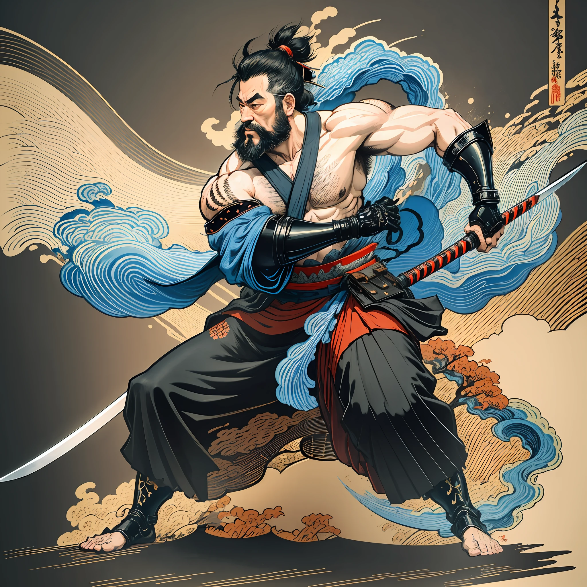 It is a full-body painting with natural colors with Katsushika Hokusai-style line drawings. The swordsman Miyamoto Musashi has a big body like a strongman. Samurai of Japan. He has a dignified yet manly expression of determination, short black hair, and a short, trimmed beard. His upper body is covered in a black kimono and his hakama is knee-long. In his right hand he holds a Japan sword with a longer sword part. The best high quality. Masterpiece high resolution ukiyo-e style lightning and swirling flames. Miyamoto Musashi powerfully swings his sword down towards the enemy in front. One sword and two cuts