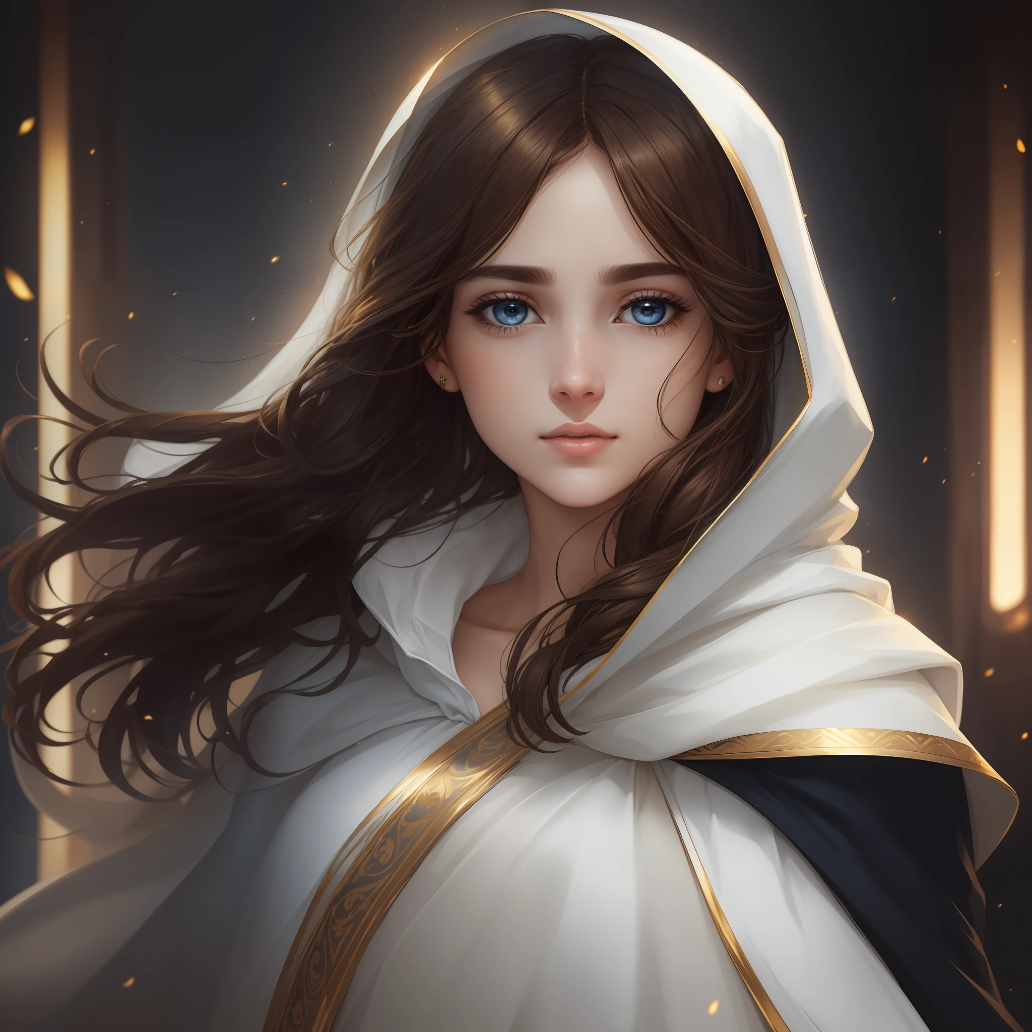 Brown haired adult with dark blue eyes, dark circles under her eyes, wearing a white cape, a golden light behind her --auto --s2