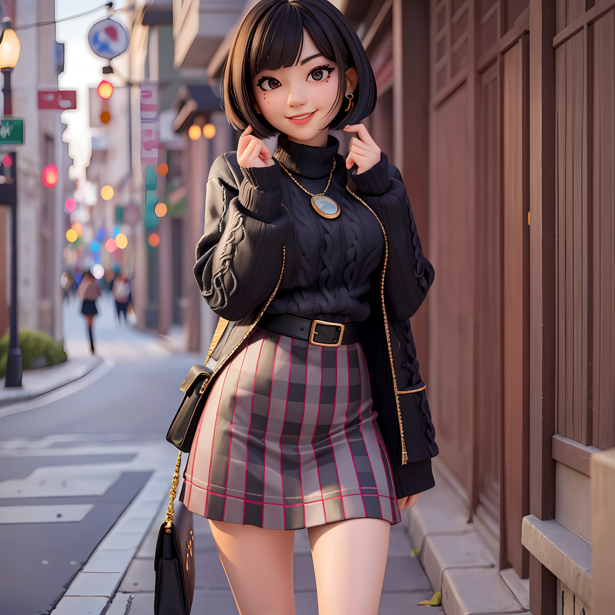 (a beautiful 25 age years old sexy korean woman:1.1),(Pretty Kpop girl,korean mixed), beautiful_legs, Glow Eyes,blush, glossy lips, perfect body, (black sweater :1.4), (open checkered coat :1.3),(checkered skirt :1.3), (pantyhose, ankle boots :1.1), (messy, bob cut, hair:1.1), street, sunlight, standing, lens flare, earrings,necklace, model, looking at viewer, (happy smile:1.1), makeup, from front, dynamic pose, mole under eye, messenger bag, insanely detailed, highest quality, skin texture, ultra detailed skin, messy hair, highres, intricate details, gloomy, RAW photo, 8k uhd, dslr, hdr, film grain, Fujifilm XT3, (very dark night), rim lighting, two tone lighting, low key