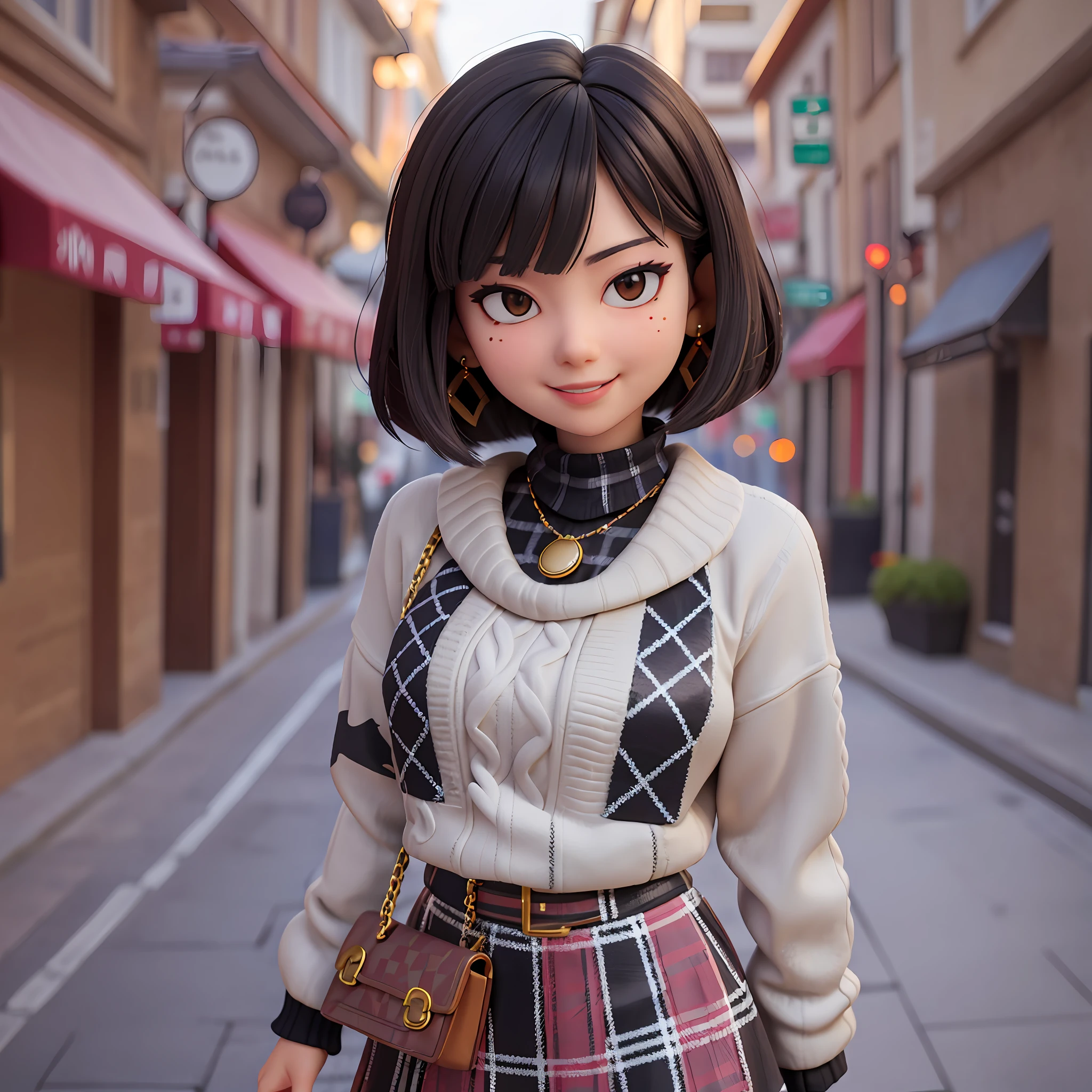 (a beautiful 25 age years old sexy korean woman:1.1),(Pretty Kpop girl,korean mixed), beautiful_legs, Glow Eyes,blush, glossy lips, perfect body, (black sweater :1.4), (open checkered coat :1.3),(checkered skirt :1.3), (pantyhose, ankle boots :1.1), (messy, bob cut, hair:1.1), street, sunlight, standing, lens flare, earrings,necklace, model, looking at viewer, (happy smile:1.1), makeup, from front, dynamic pose, mole under eye, messenger bag, insanely detailed, highest quality, skin texture, ultra detailed skin, messy hair, highres, intricate details, gloomy, RAW photo, 8k uhd, dslr, hdr, film grain, Fujifilm XT3, (very dark night), rim lighting, two tone lighting, low key