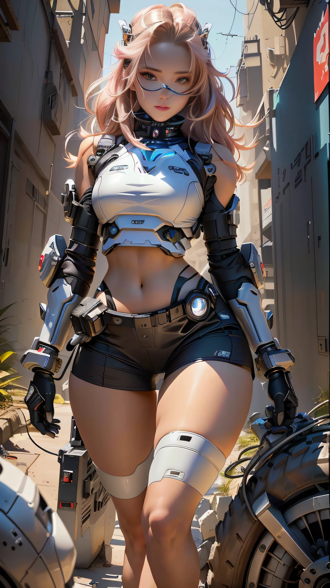 there is a woman in a short skirt and a helmet posing, cute cyborg girl, girl in mecha cyber armor, cyborg girl, beutiful white girl cyborg, female cyberpunk anime girl, perfect anime cyborg woman, beutiful girl cyborg, wearing techwear and armor, cyborg - girl, cyberpunk anime girl mech, cyberpunk anime girl, female cyborg, cybersuit