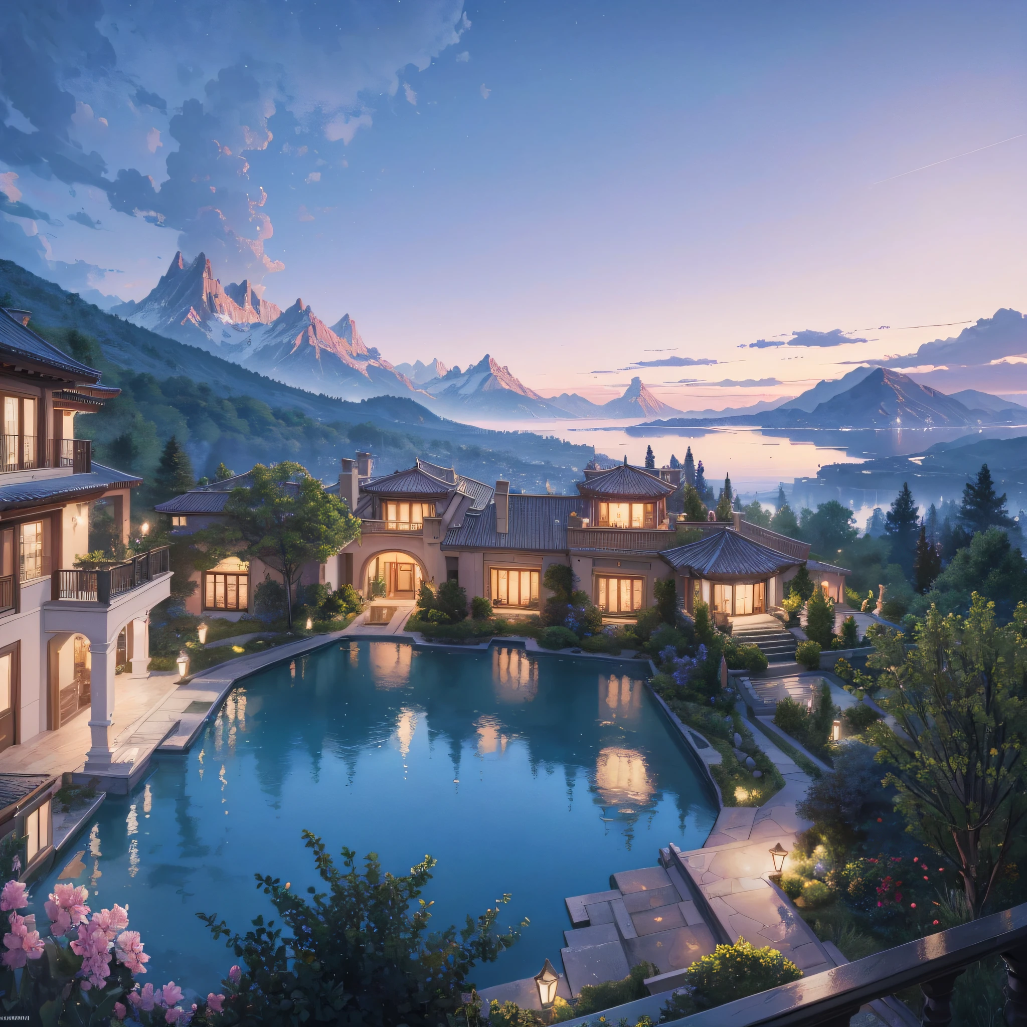 Overlook of a large mountain luxury villa, lake view (best quality: 1.1) (masterpiece: 1.3) with unparalleled masterpiece, surreal 8K, perfect artwork, super detail, best quality, masterpiece 4K wallpaper aesthetics, masterpiece, award-winning artwork, official art, cinematic lighting