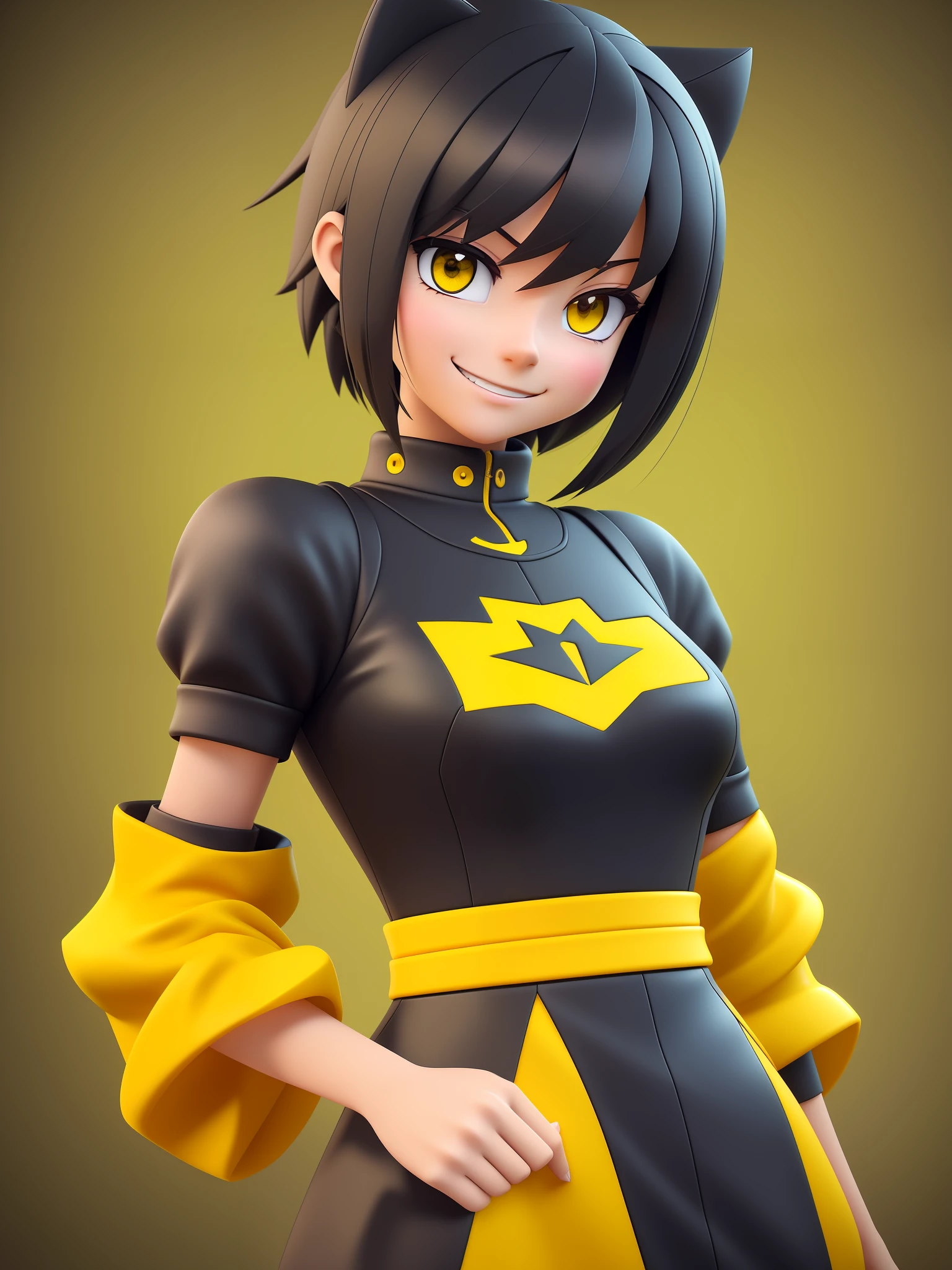 Young girl, a cartoon character dark yellow outfit, expression with ((melancholic smile)), (dark hair up to shoulder), yellow eyes, stylized character, animation character, stylized 3d render, 3d character, highly detailed character, stylized anime, stylized 3d, render character, character model, close up, maximum quality