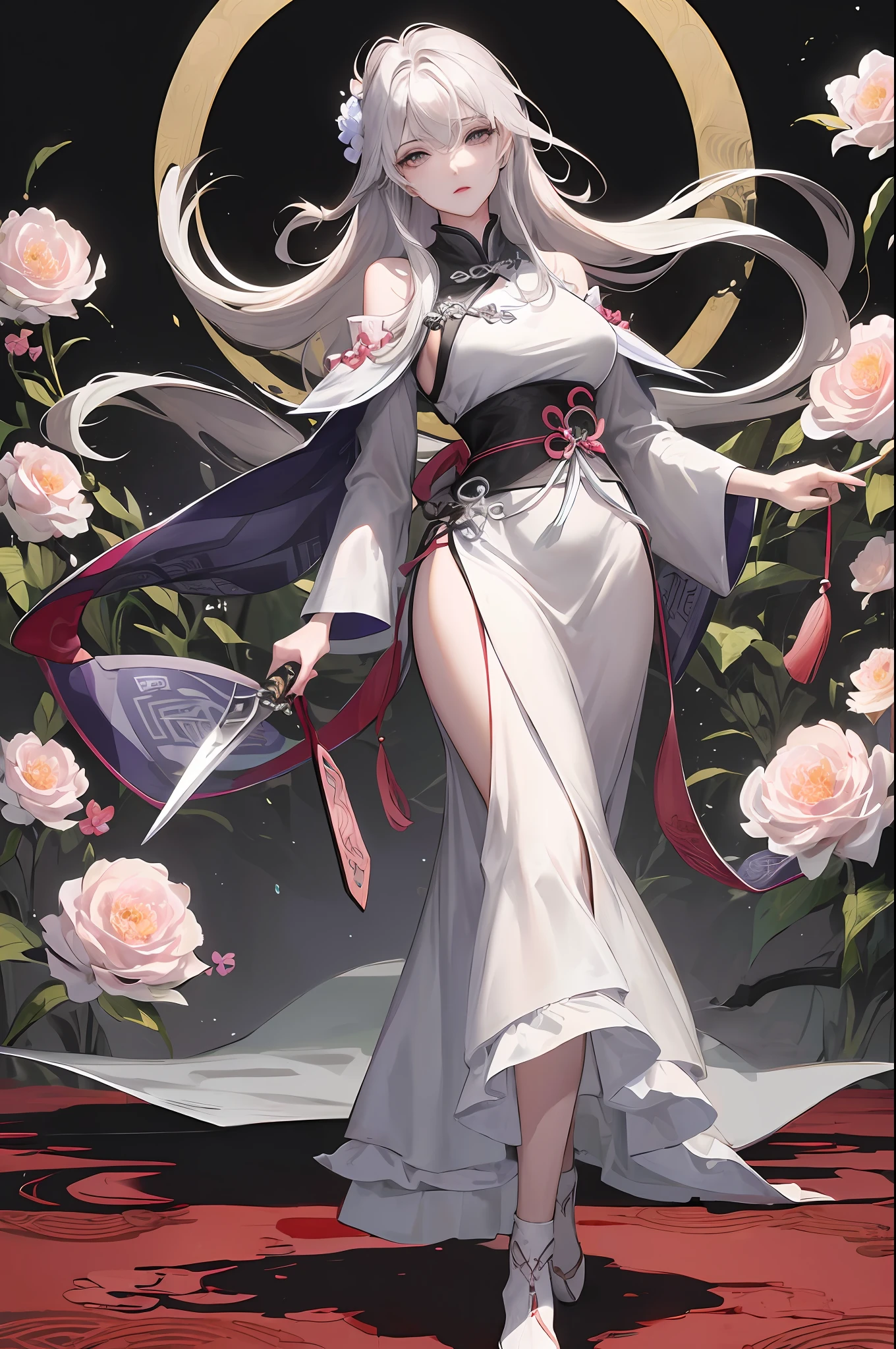 Masterpiece, Superb Product, Night, Full Moon, 1 Woman, Mature Woman, Chinese Style, Ancient China, Full Body, Sister, Royal Sister, Cold Face, Expressionless, Silver-White Long-Haired Woman, Light Pink Lips, Calm, Intellectual, Three Bands, Gray Eyes, Assassin, Short Knife, Flower Ball Background, Walking Street View