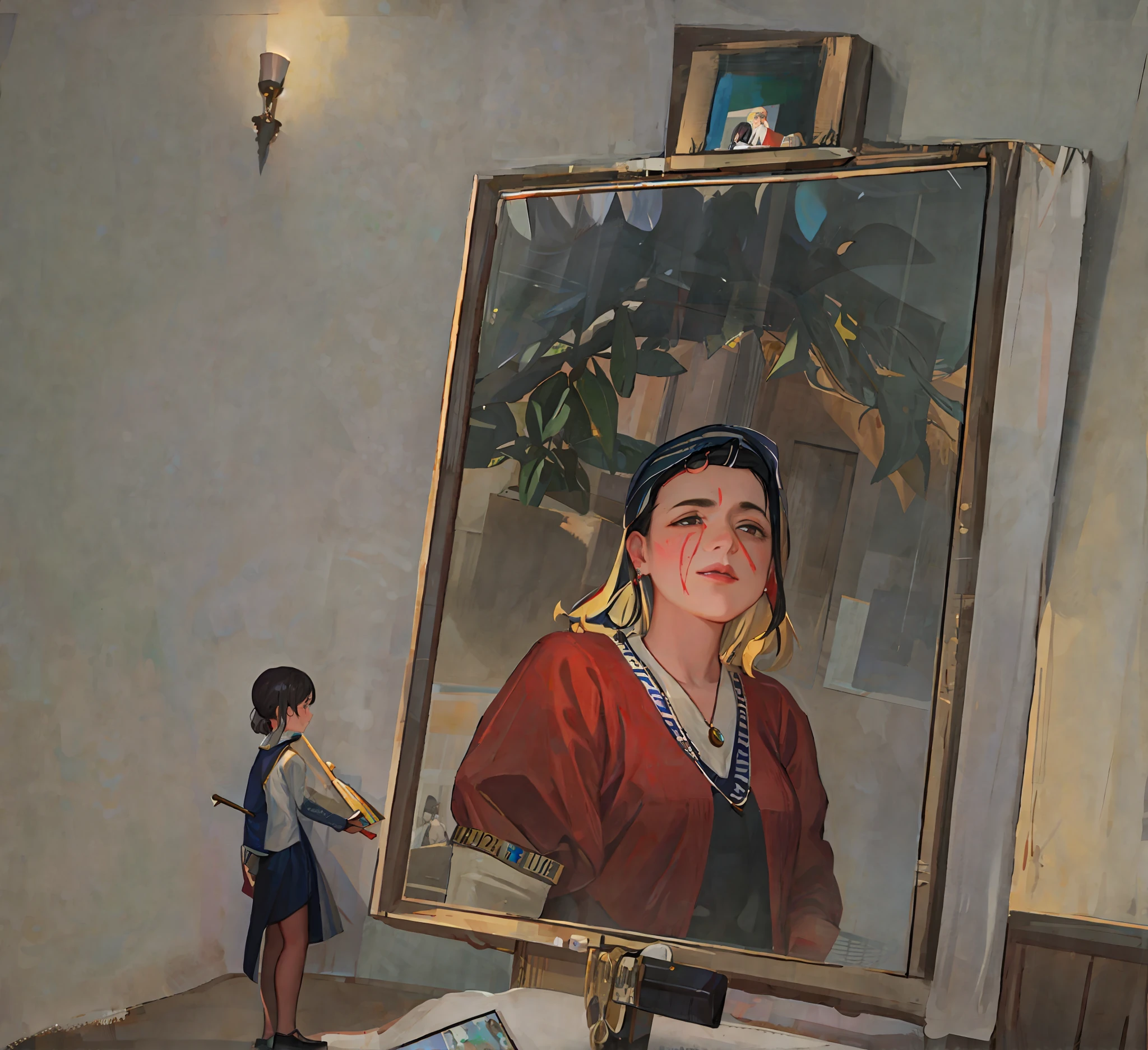 there is a woman standing in front of a mirror with a picture on it, in a oil painting style, inspired by Petrus Christus, painted portrait, inspired by Bhupen Khakhar, in the style of an oil painting, real life portrait, inspired by Fernando Botero, side centered painted portrait, centered painted portrait, portrait painting, painting a self portrait
