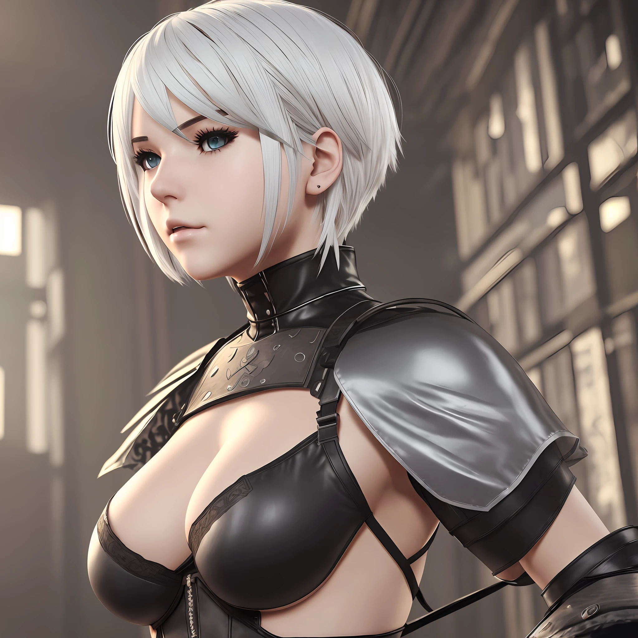 8k, photo realistic, 1 girl,cosplay,2b,nier automata, sensual, white hair, short hair, . --auto --s2