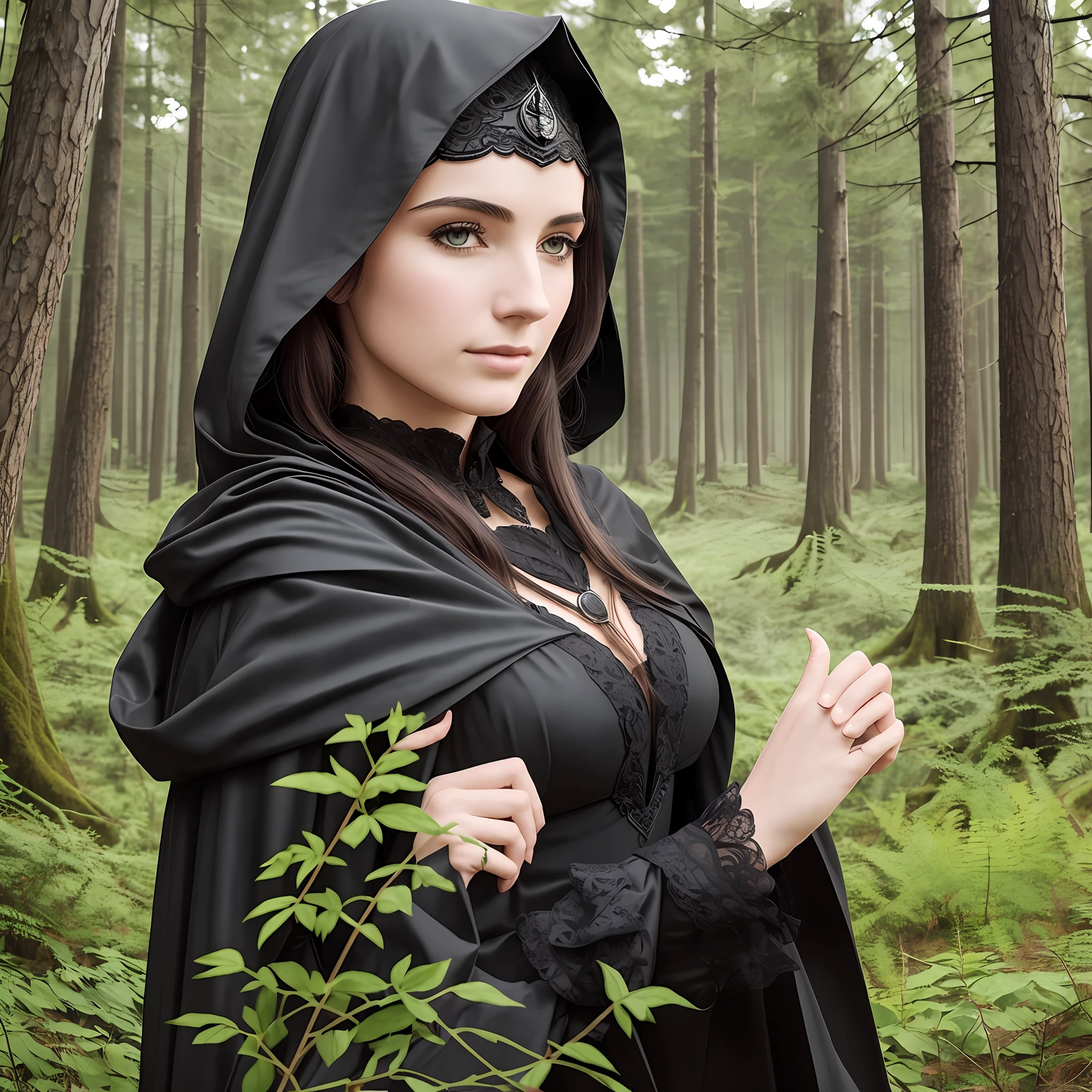 medieval woman with a black cloak, charismatic, in the forest, dramatic --auto --s2