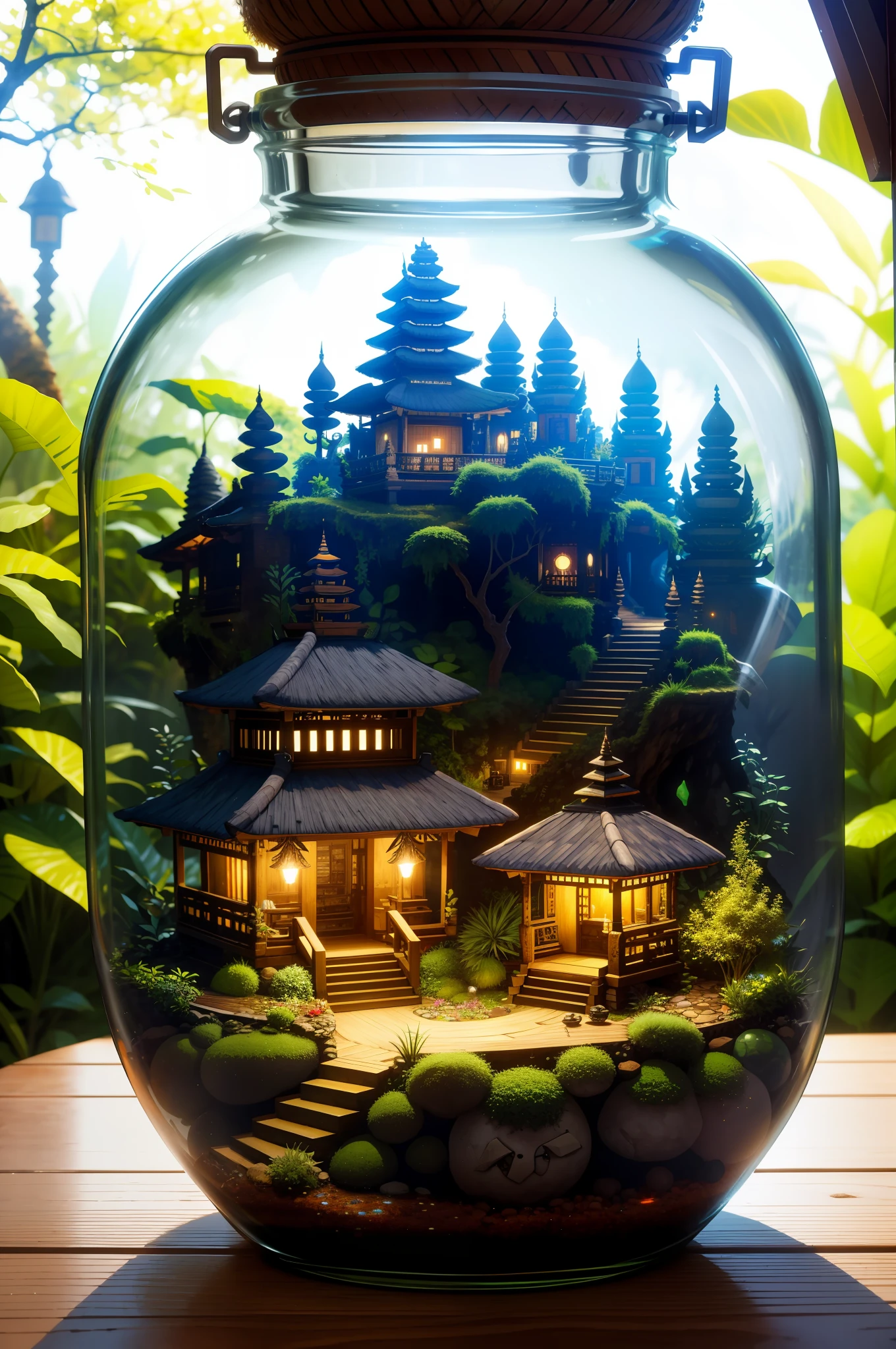 (concept art), (An intricate forest minitown, Bali village, landscape trapped in a bottle), biome, thick glass, weathered, atmospheric oliva lighting, on the  table, 4k UHD, dark vibes, hyper detailed, vibrant colours, epic composition, octane render, sharp focus, detailed, intricate, (reflections, refractions, caustics:0.6), (high resolution isometric), 8k, HDR, realistic:1.4,