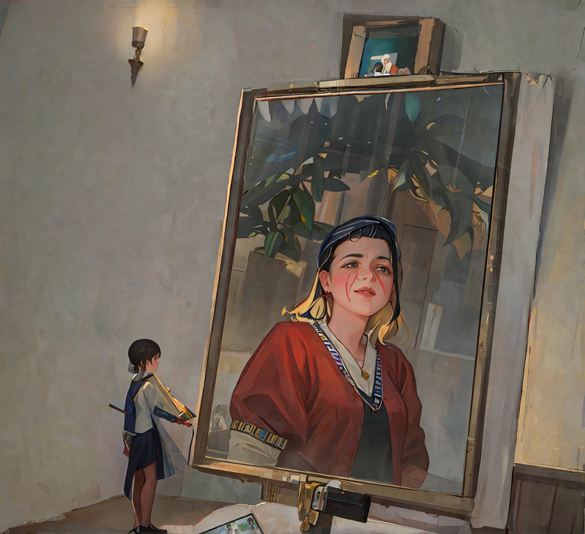 there is a woman standing in front of a mirror with a picture on it, in a oil painting style, inspired by Petrus Christus, painted portrait, inspired by Bhupen Khakhar, in the style of an oil painting, real life portrait, inspired by Fernando Botero, side centered painted portrait, centered painted portrait, portrait painting, painting a self portrait
