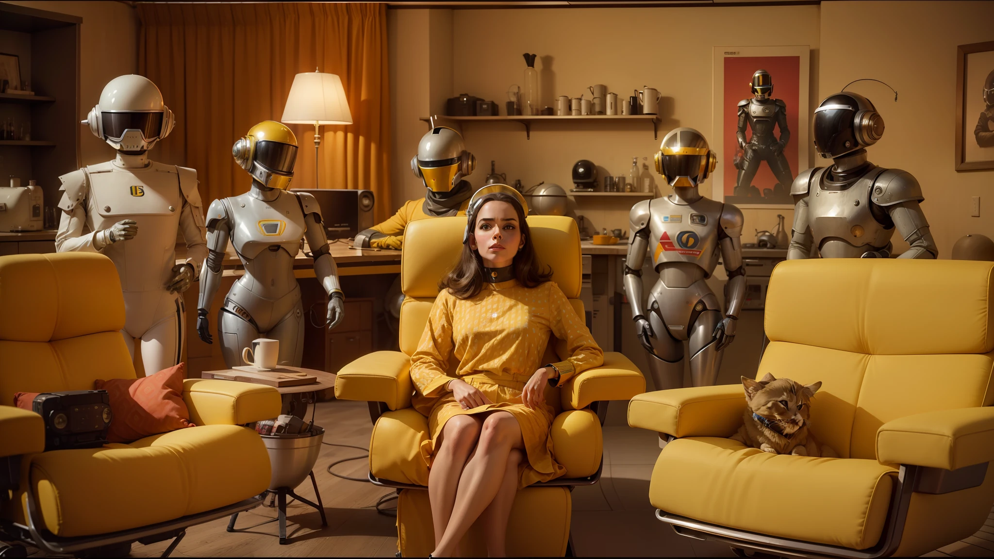 arafed woman sitting in a chair in a room with robots, still from a wes anderson film, retro 6 0 s fashion, netfilx !n-9, crewdson, trending on juxtapoz magazine, mono-yellow, barbarella, portrait of daft punk, 7 0's kitchen, erwin olaf, 1970 furniture, tvs --auto --s2