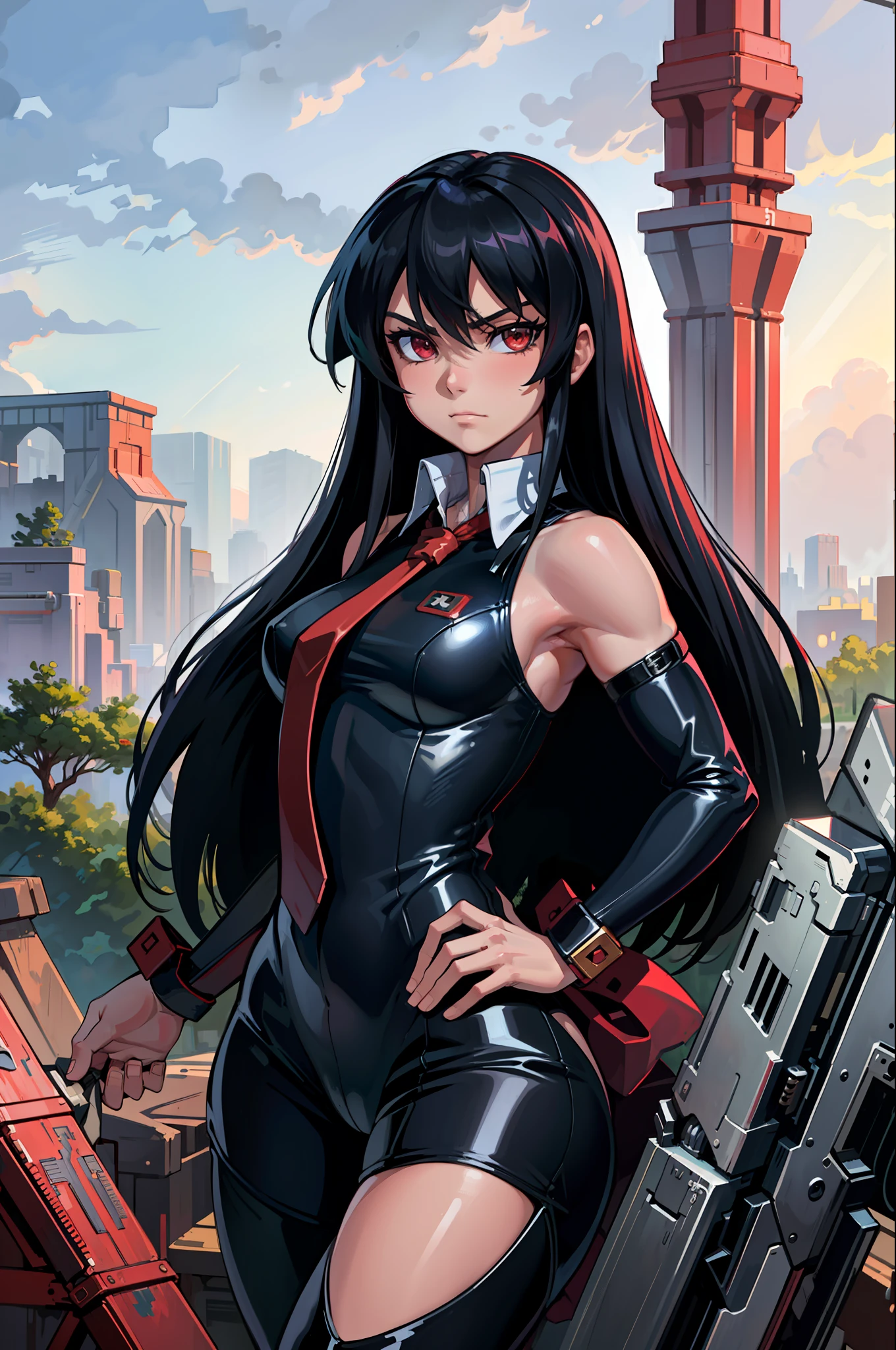(masterpiece, best quality:1.2), cowboy shot, solo, 1girl, akame \(akame ga kill!\), expressionless, closed mouth, look at the viewer, black bodysuit, leggings, red tie, sleeveless, ass, wide hips, erotica
