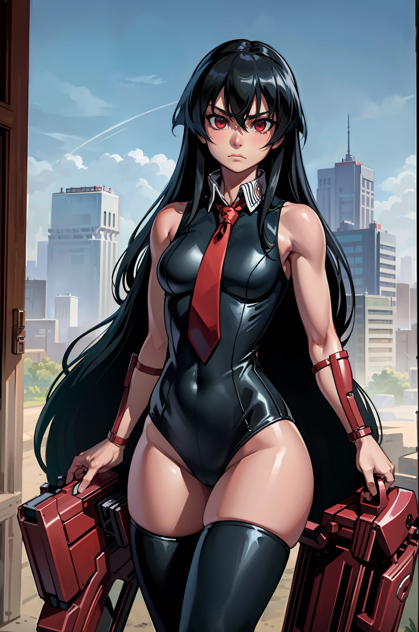 (masterpiece, best quality:1.2), cowboy shot, solo, 1girl, akame \(akame ga kill!\), expressionless, closed mouth, look at the viewer, black bodysuit, leggings, red tie, sleeveless, ass, wide hips, erotica