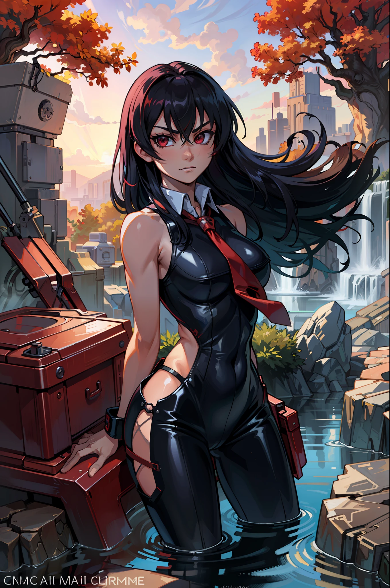 (masterpiece, best quality:1.2), cowboy shot, solo, 1girl, akame \(akame ga kill!\), expressionless, closed mouth, look at the viewer, black bodysuit, leggings, red tie, sleeveless, ass, wide hips, erotica