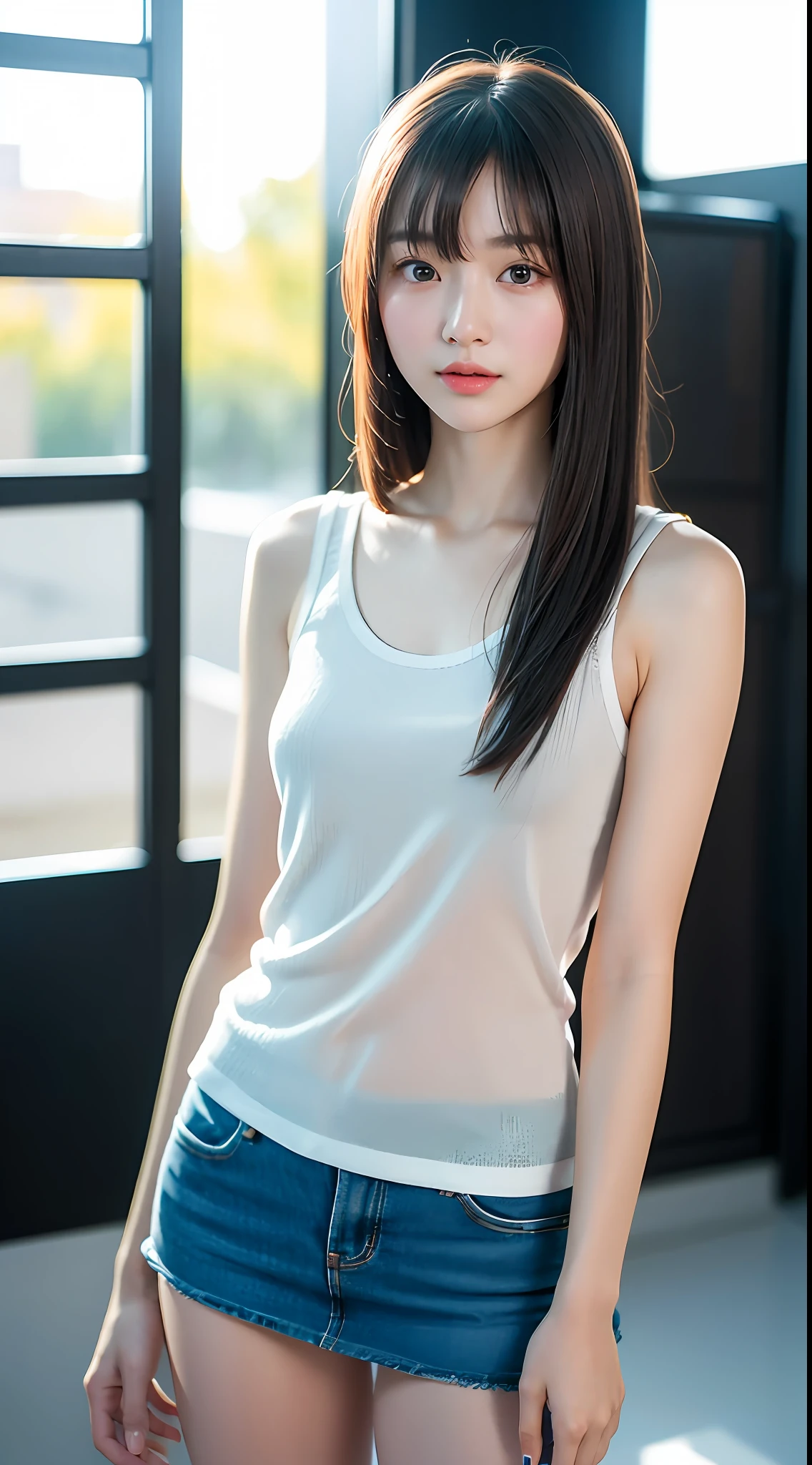 (yinchuan:1.5), close-up, masterpiece, best quality, raw photo, photorealistic, F cup, big, beautiful face, soft smile, girl 20 years old, cute, tank top, mini skirt, beautiful long legs, standing, middle hair depth of field, high resolution, ultra detail, fine detail, very detailed, very detailed eyes and face, sharp pupils, realistic pupils,