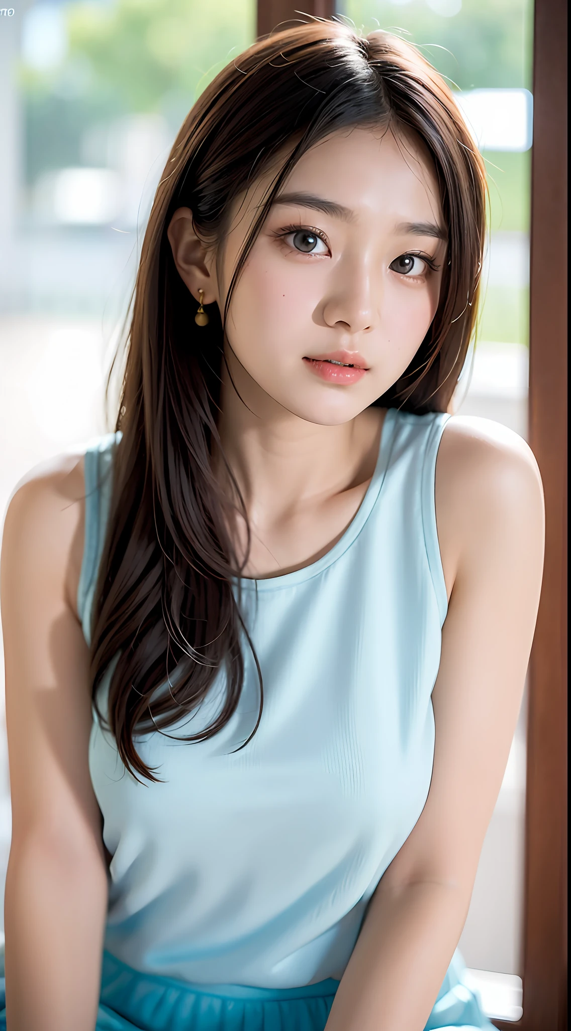 (yinchuan:1.5), close-up, masterpiece, best quality, raw photo, photorealistic, F cup, big, beautiful face, soft smile, girl 20 years old, cute, tank top, mini skirt, beautiful long legs, standing, middle hair depth of field, high resolution, ultra detail, fine detail, very detailed, very detailed eyes and face, sharp pupils, realistic pupils,