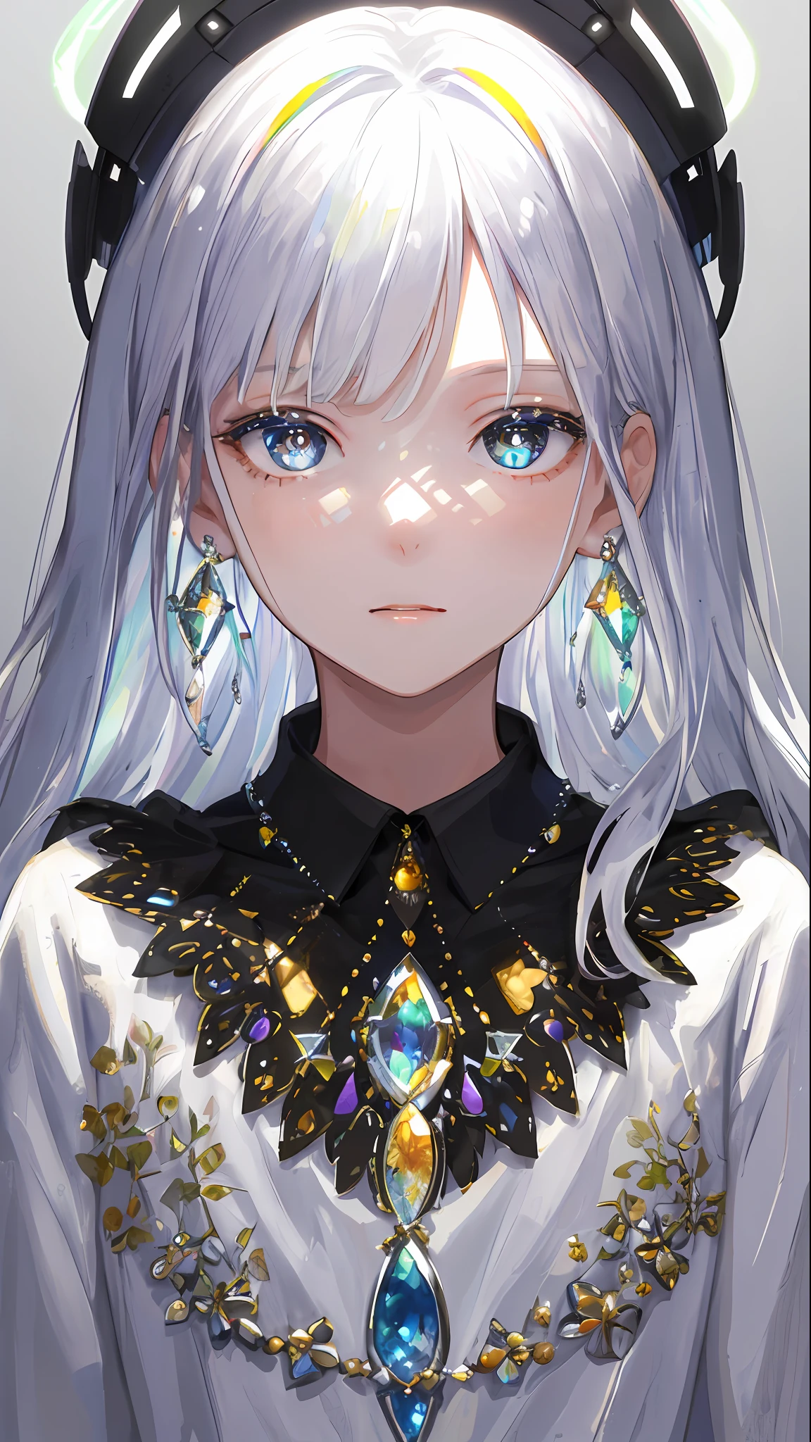 Masterpiece, Superb Illustrations, Rainbow Hair, Platinum Earrings, Platinum Necklace, White Dress, 1girl, Cute, (Dynamic Light: 1.2), Cinematic Light, Delicate Facial Features, Detailed Eyes, Sharp Pupils, Realistic Pupils, Depth of Field, Background Bokeh, Clear Focus, (Ultra Detailed, Halo, Glow: 1.4), Many Small Gems