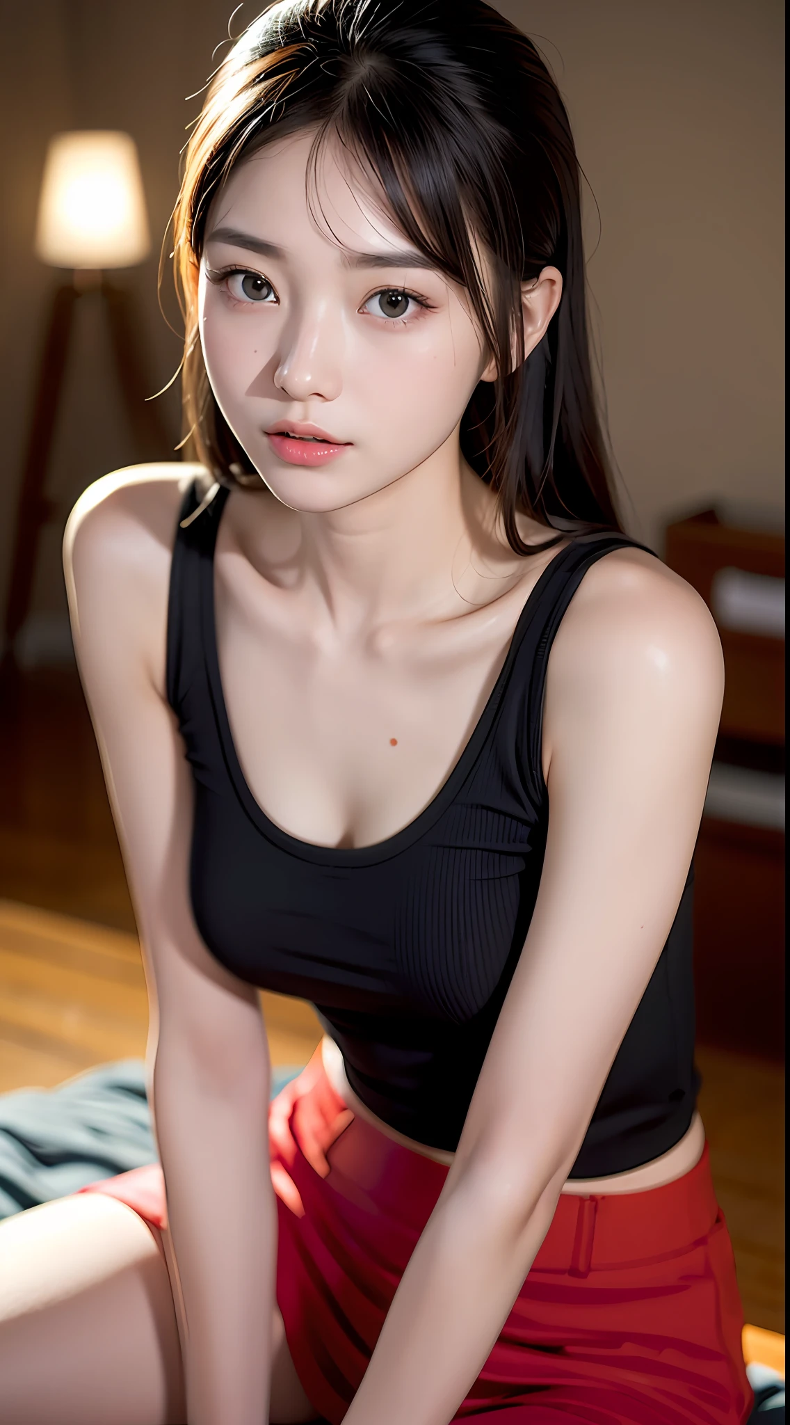 (yinchuan:1.5), close-up, masterpiece, best quality, raw photo, photorealistic, F cup, big, beautiful face, soft smile, girl 20 years old, cute, tank top, mini skirt, beautiful long legs, standing, middle hair depth of field, high resolution, ultra detail, fine detail, very detailed, very detailed eyes and face, sharp pupils, realistic pupils,