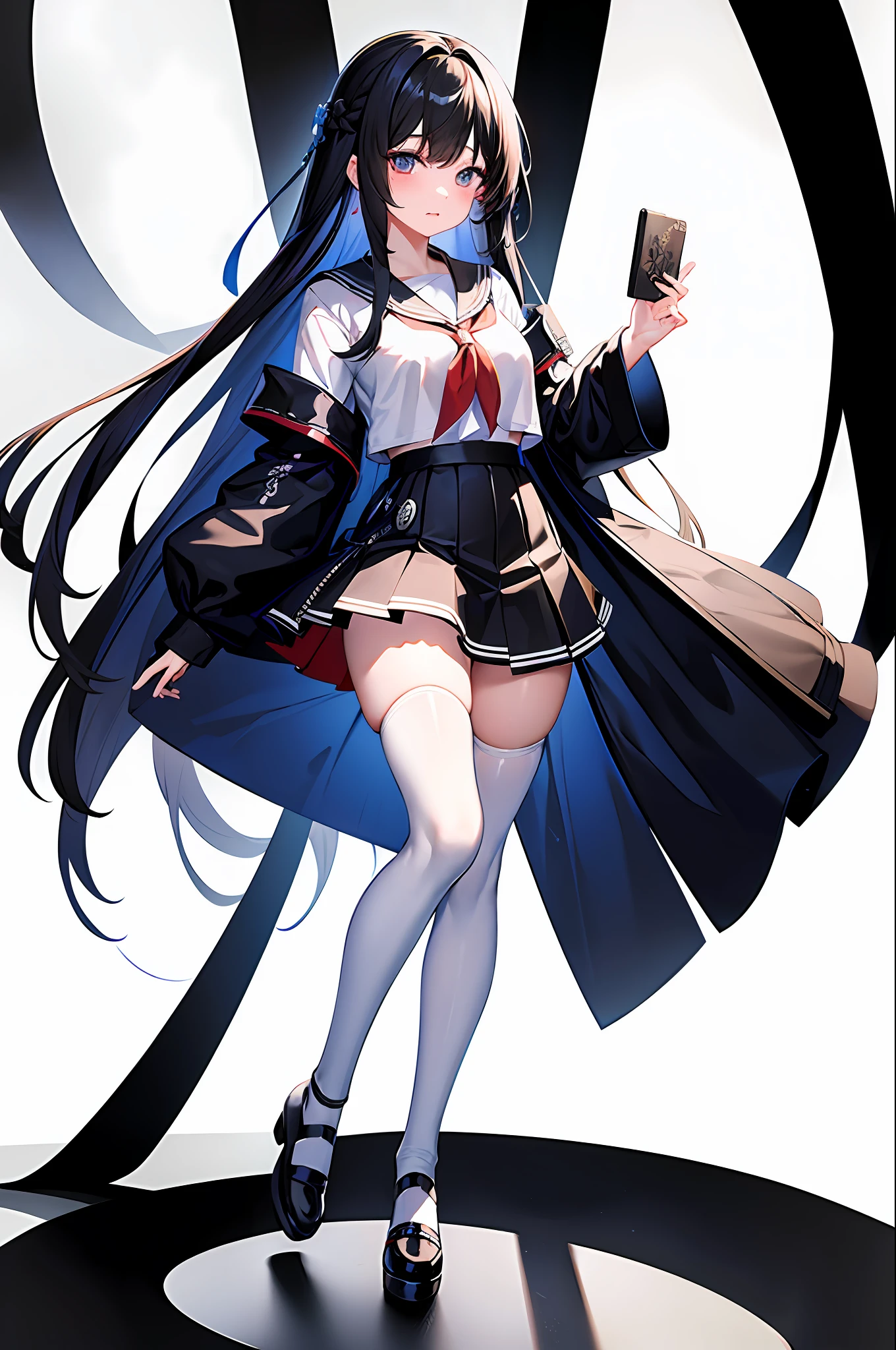 ((masterpiece, best_quality)), 1girl, (真实感:1.4), solo, white_background, black_hair, long_hair, zettai_ryouiki, skirt, ((full_body)), 微笑 抹胸裙