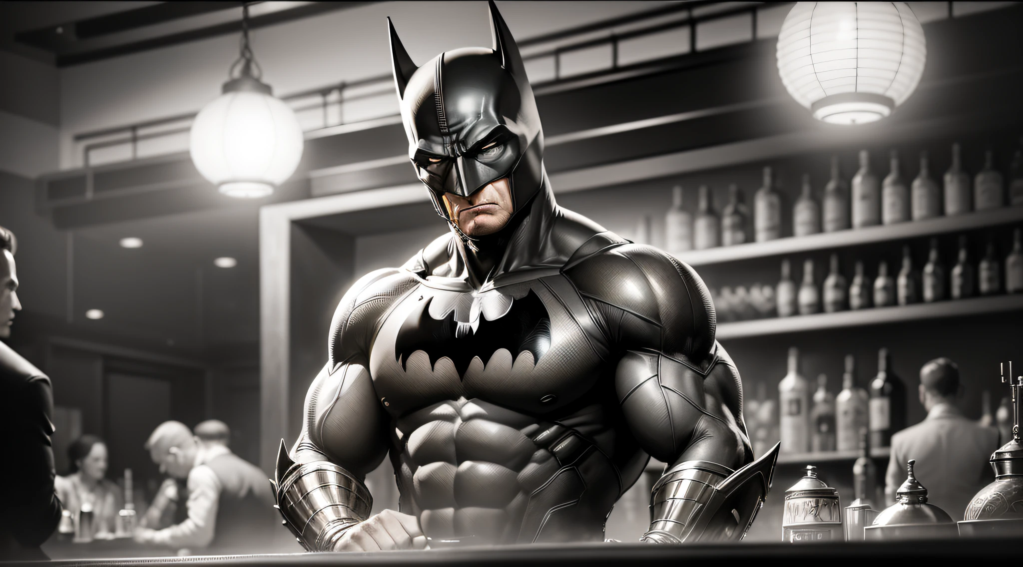 full-body portrait of Batman in a bar, symbolic (stylized in his modern 2050s armor, highly detailed: 1.3), (detailed mask: 1.8), (Intriguing look: 1.3), (muscular body: 1.5), (leaning against the counter: 1.5), (background inside a dark, old 1940s big band bar: 1.4), (soft studio lighting, volumetric shadows), JCH Street Pan,  ISO 100