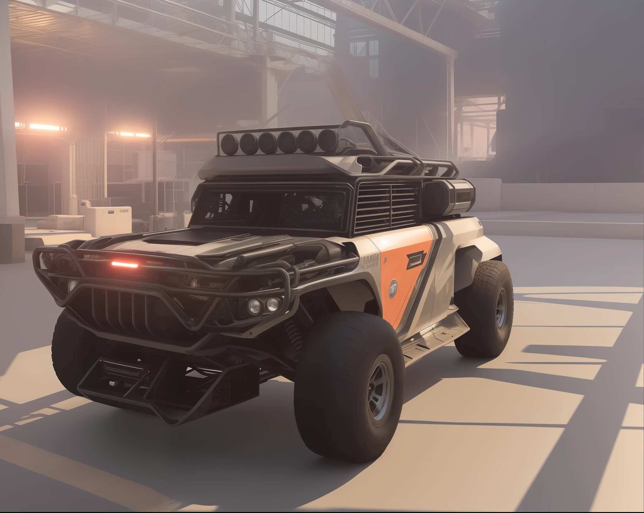 front view 3/4 ((futuristic cargo and Ford pocaco) (with glowing tires), in the parking lot
